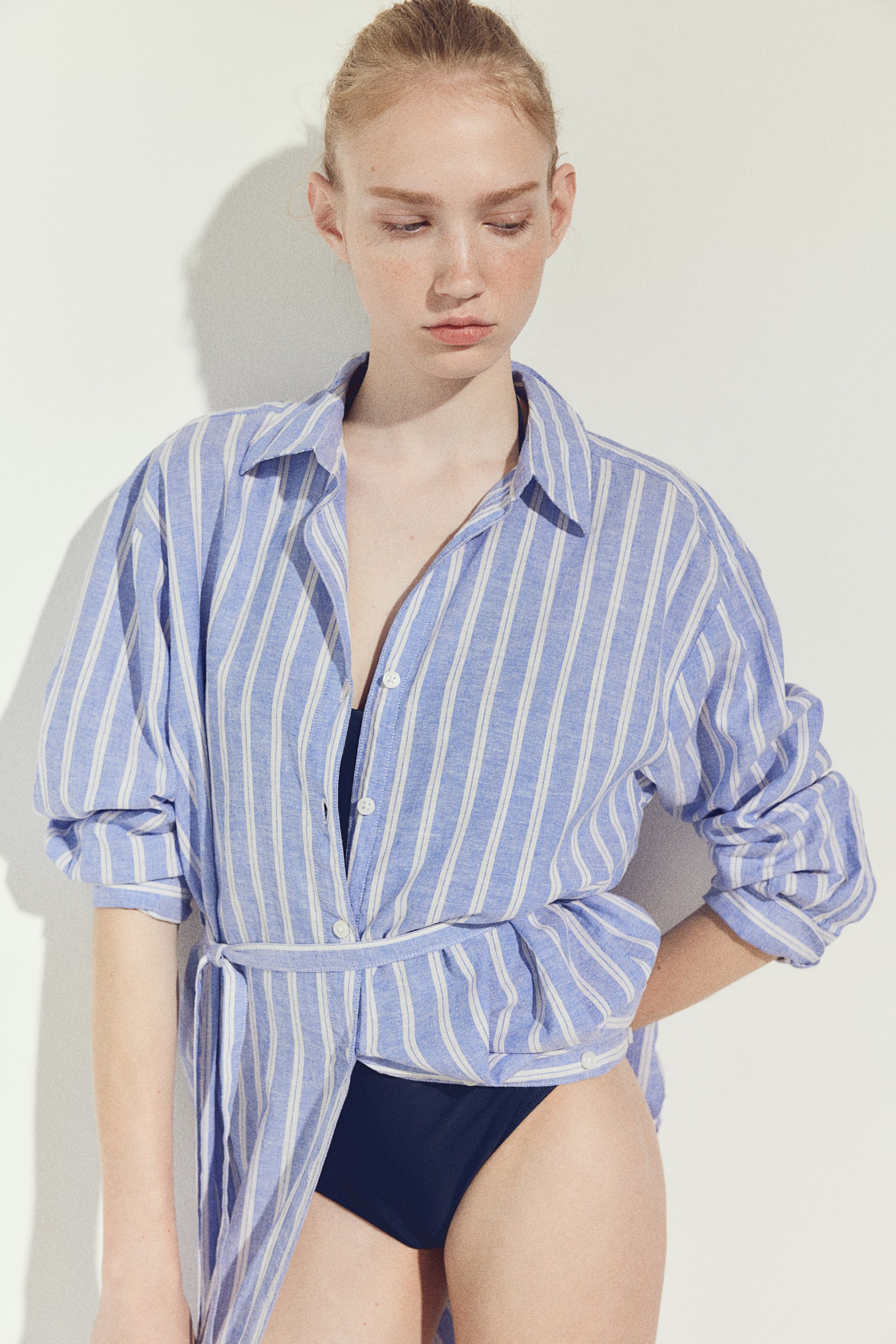 Linen Blend Shirt Dress - Blue/Stripe/Blue - 3