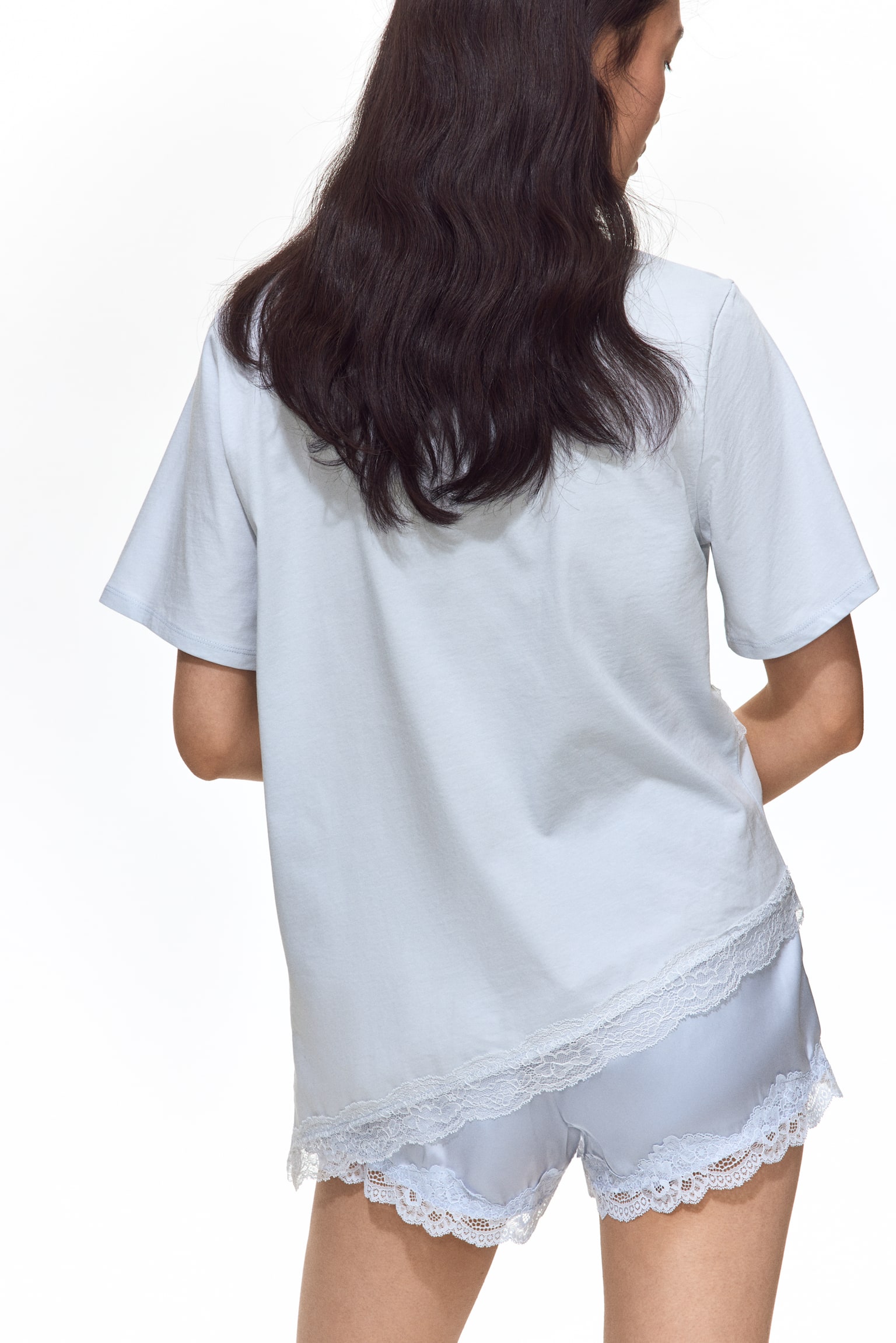 T-Shirt mit Spitzenbesatz-Hellblau - 4