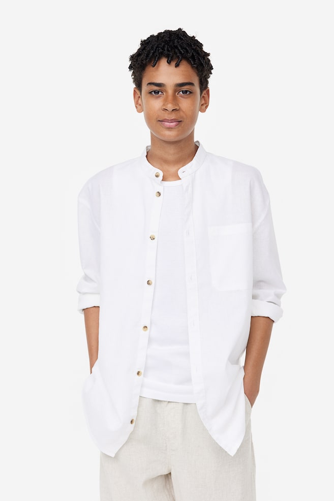 Linen-blend grandad shirt - White/Light blue/Khaki green - 2