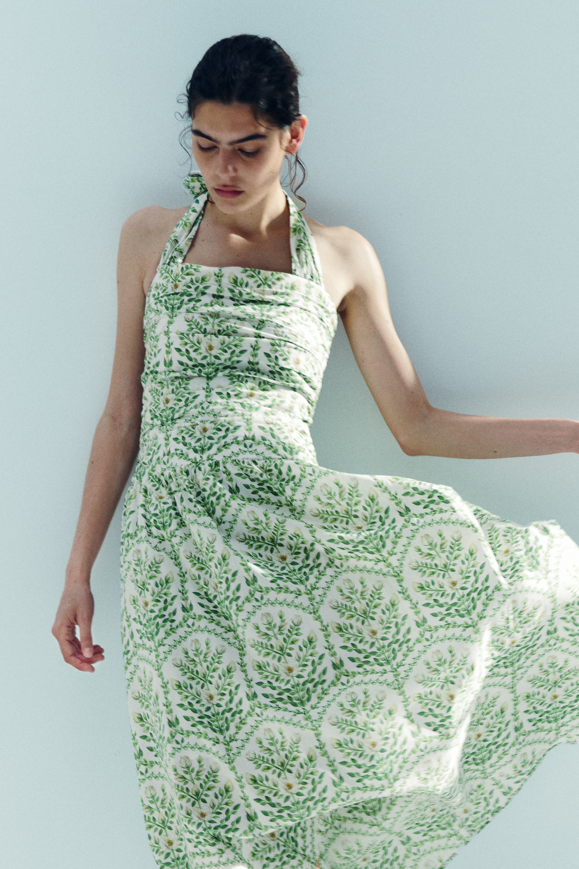 smocked halter midi dress Blue Printed Smocked Halter Midi Dress