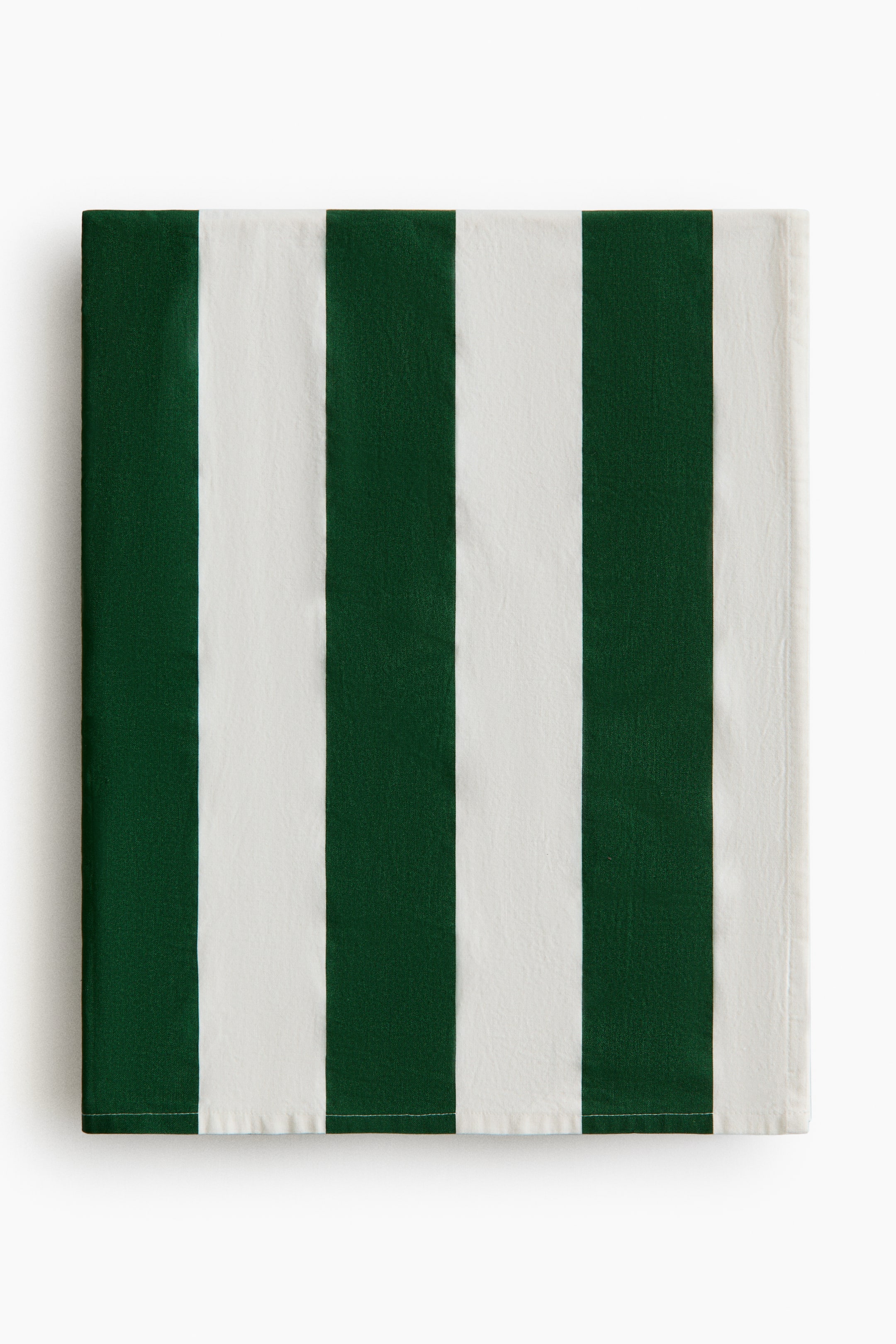 View larger image: A rectangular fabric item is showcasing its front, featuring alternating vertical stripes of dark green and off-white. The fabric exhibits a subtle textured surface, with a visible hem running along the bottom edge.