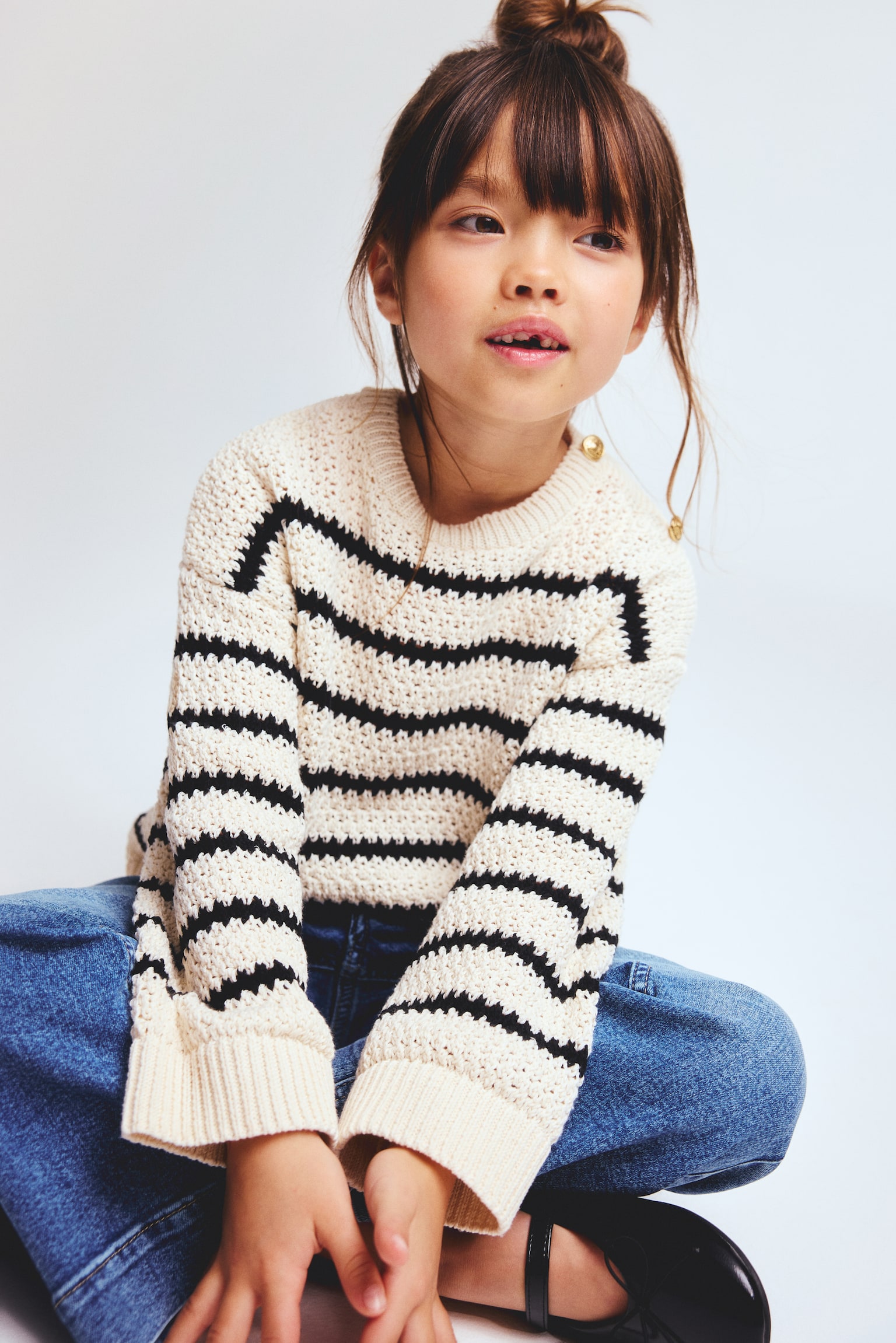 Hole-knit jumper - Light beige/Striped - 1