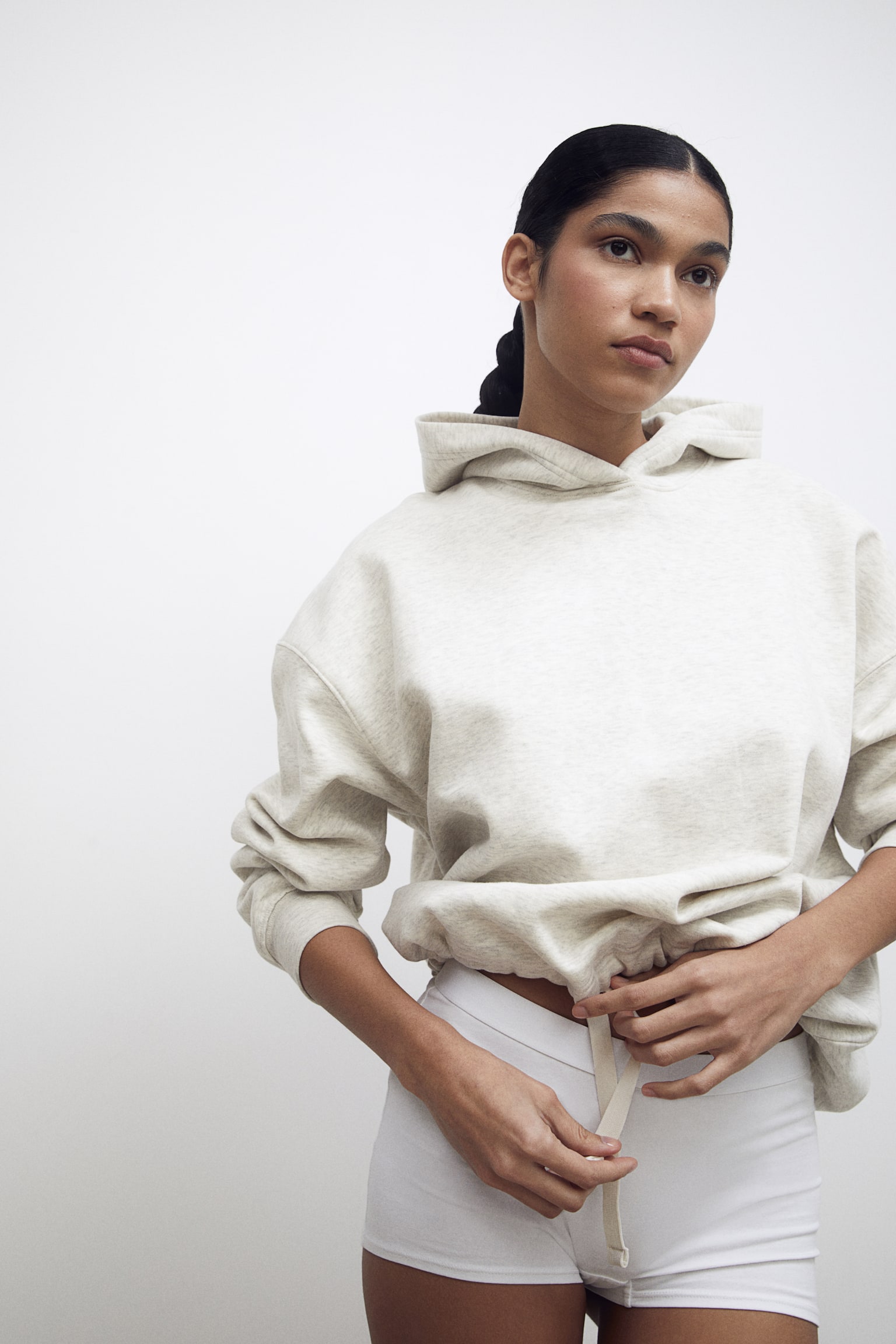 Drawstring Hem Hoodie - Cream marle/Light beige/Light grey marle - 4