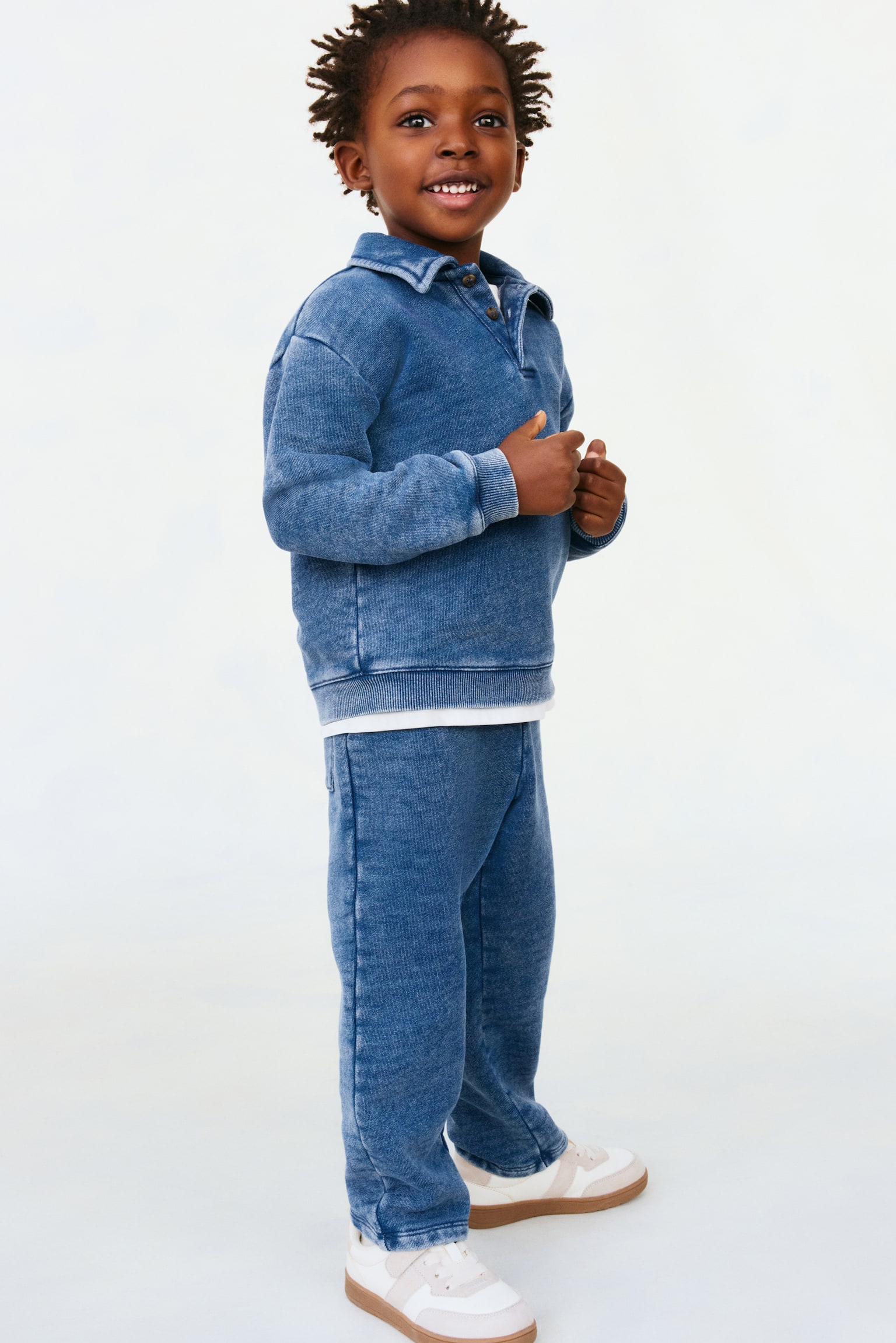 Denim-look cotton joggers - Dark blue - 3