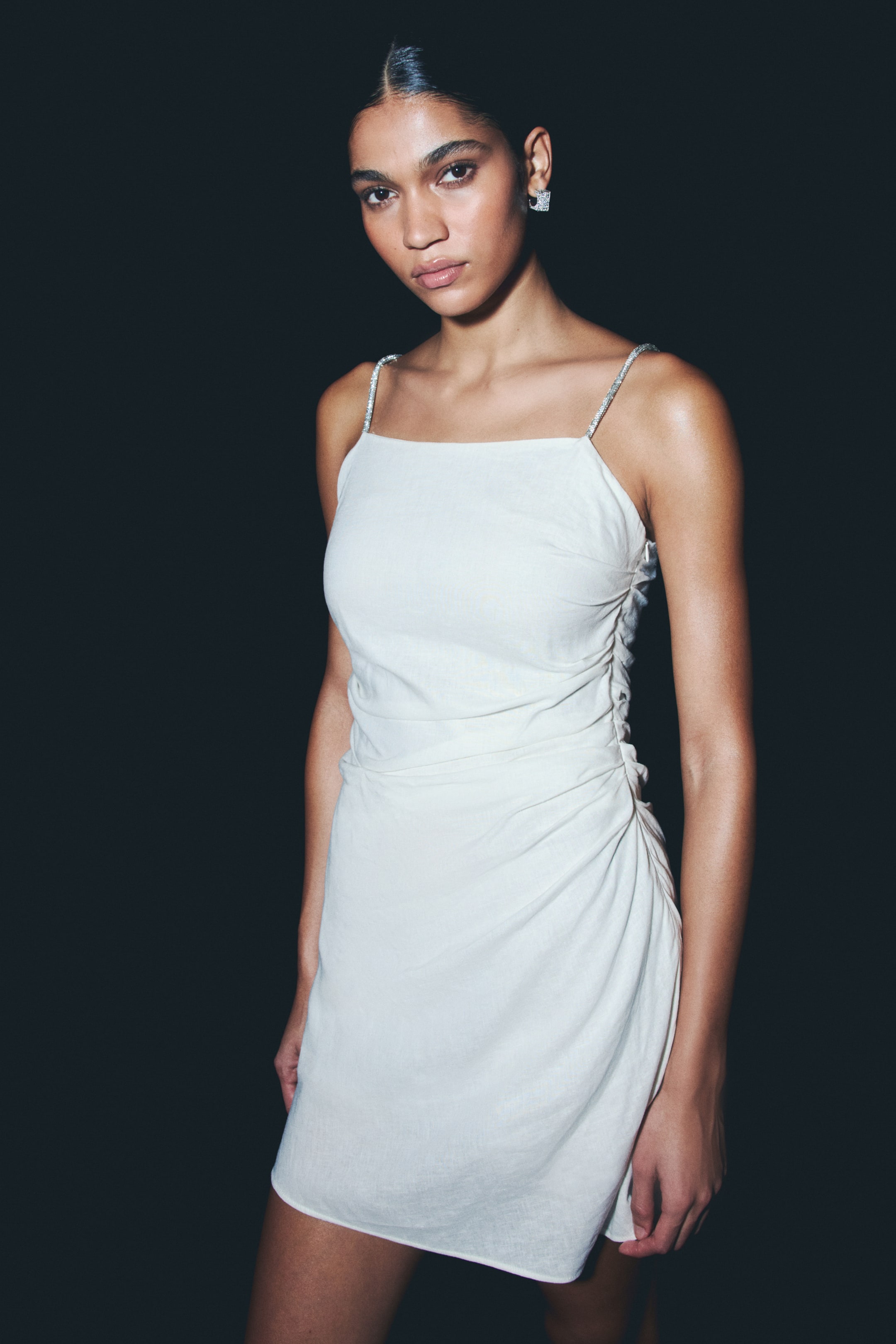 View larger image: Linen-blend rhinestone-strap dress - Cream - Ladies | H&M AU 1