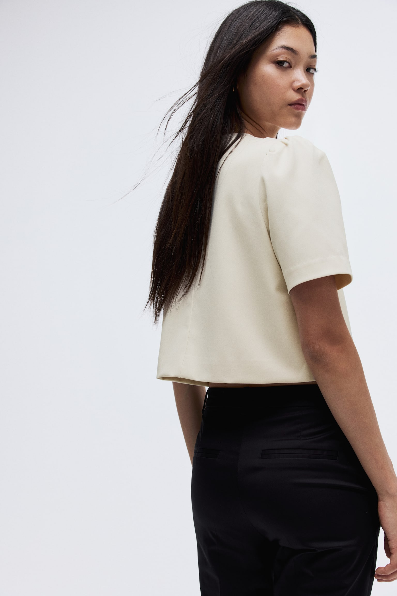 Áo khoác dệt chéo tay bồng - Màu kem - 4