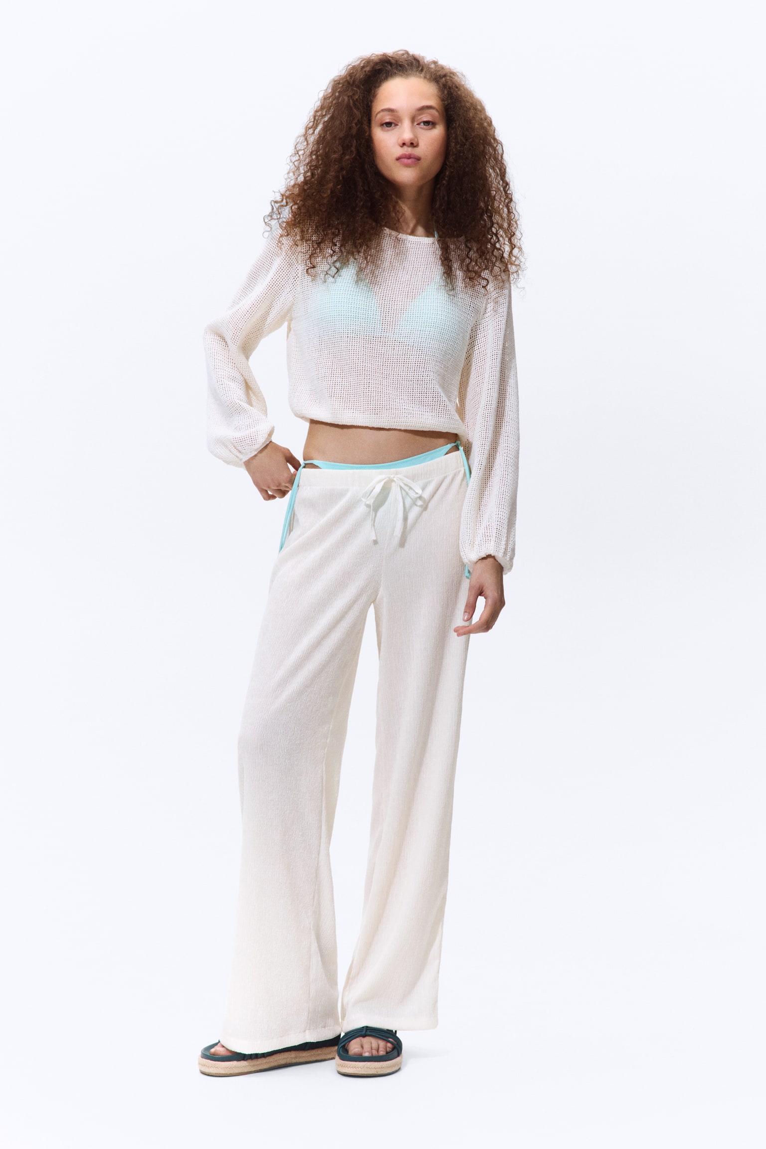 Crinkled drawstring trousers - Cream - 1