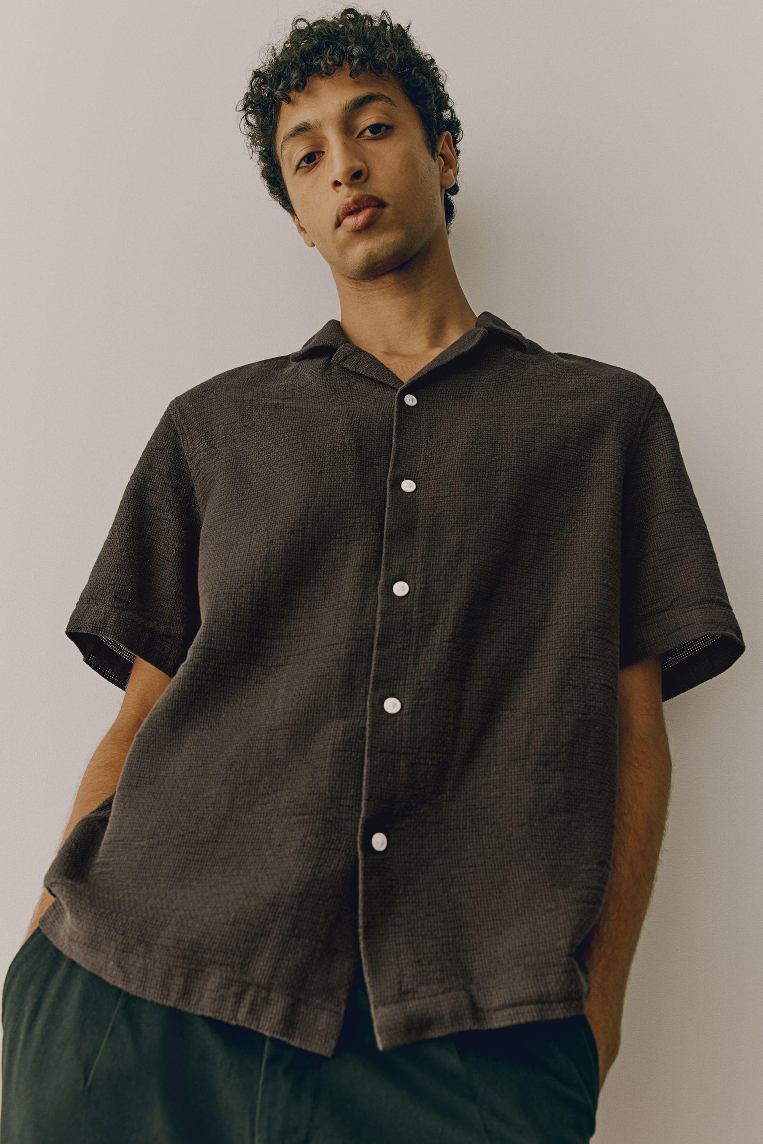 Regular Fit Textured Resort Shirt - Dark brown/Dark green/Stripe/Navy blue - 7