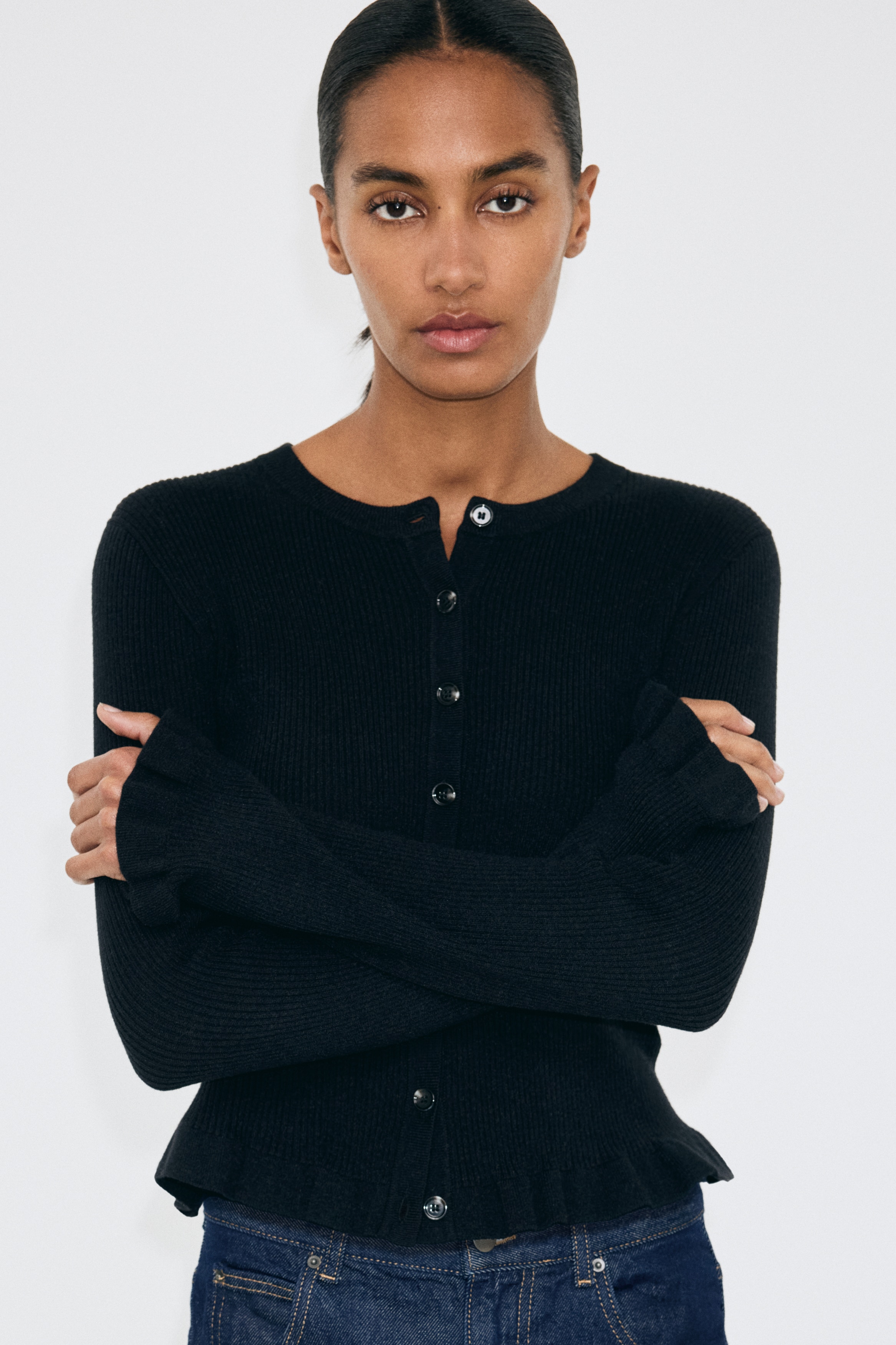 Áo cardigan dệt kim gân nổi - Màu đen