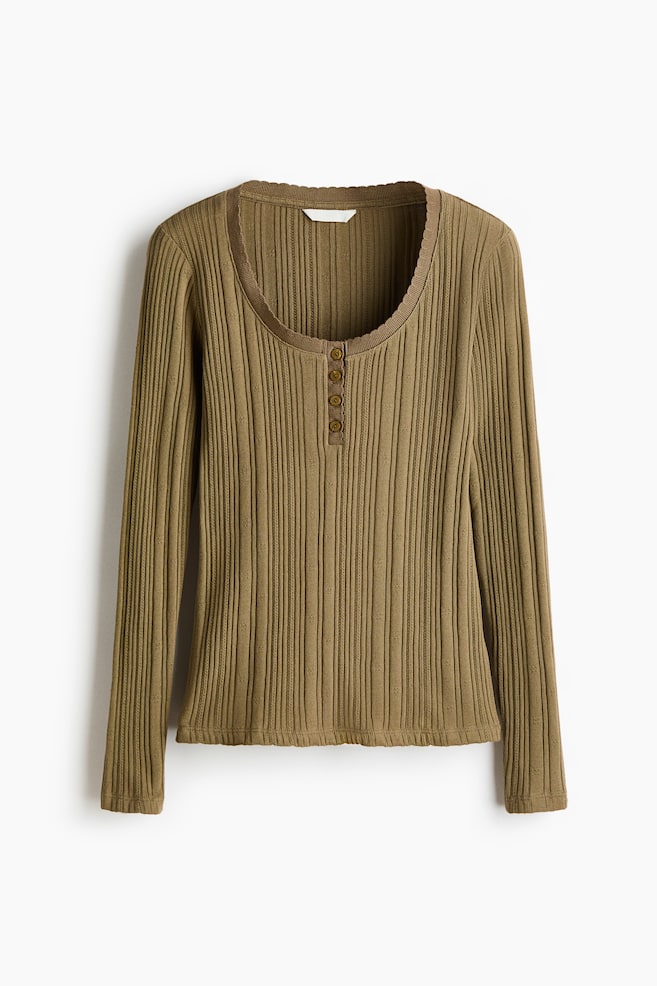Top in maglia di cotone traforata - Verde kaki/Bianco - 1