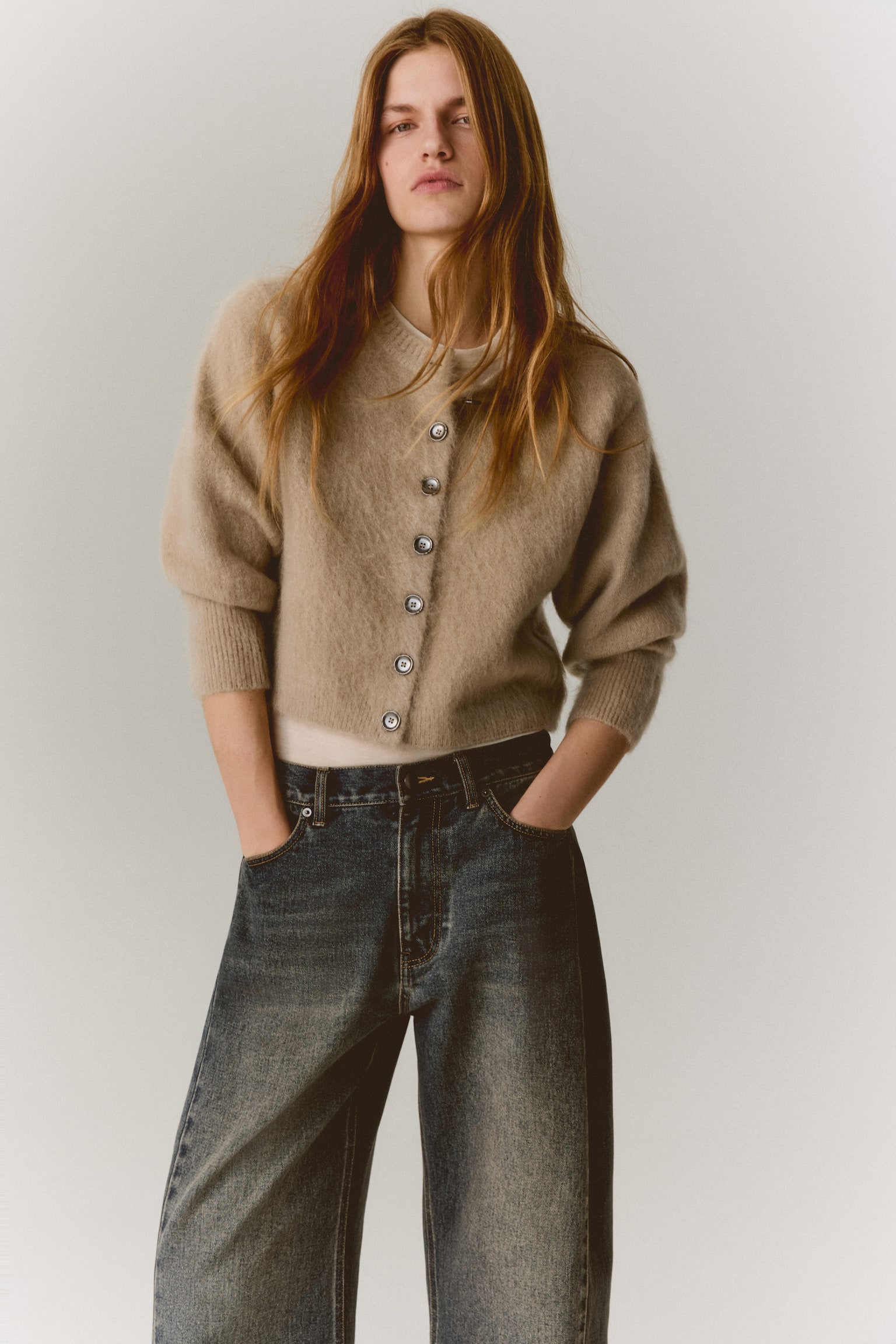 Mohair-blend cardigan - Beige/Dark brown - 5