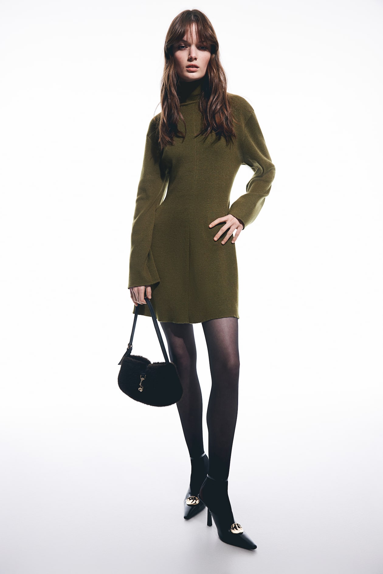 Fine-knit turtleneck dress Dark khaki green Ladies H&M GB