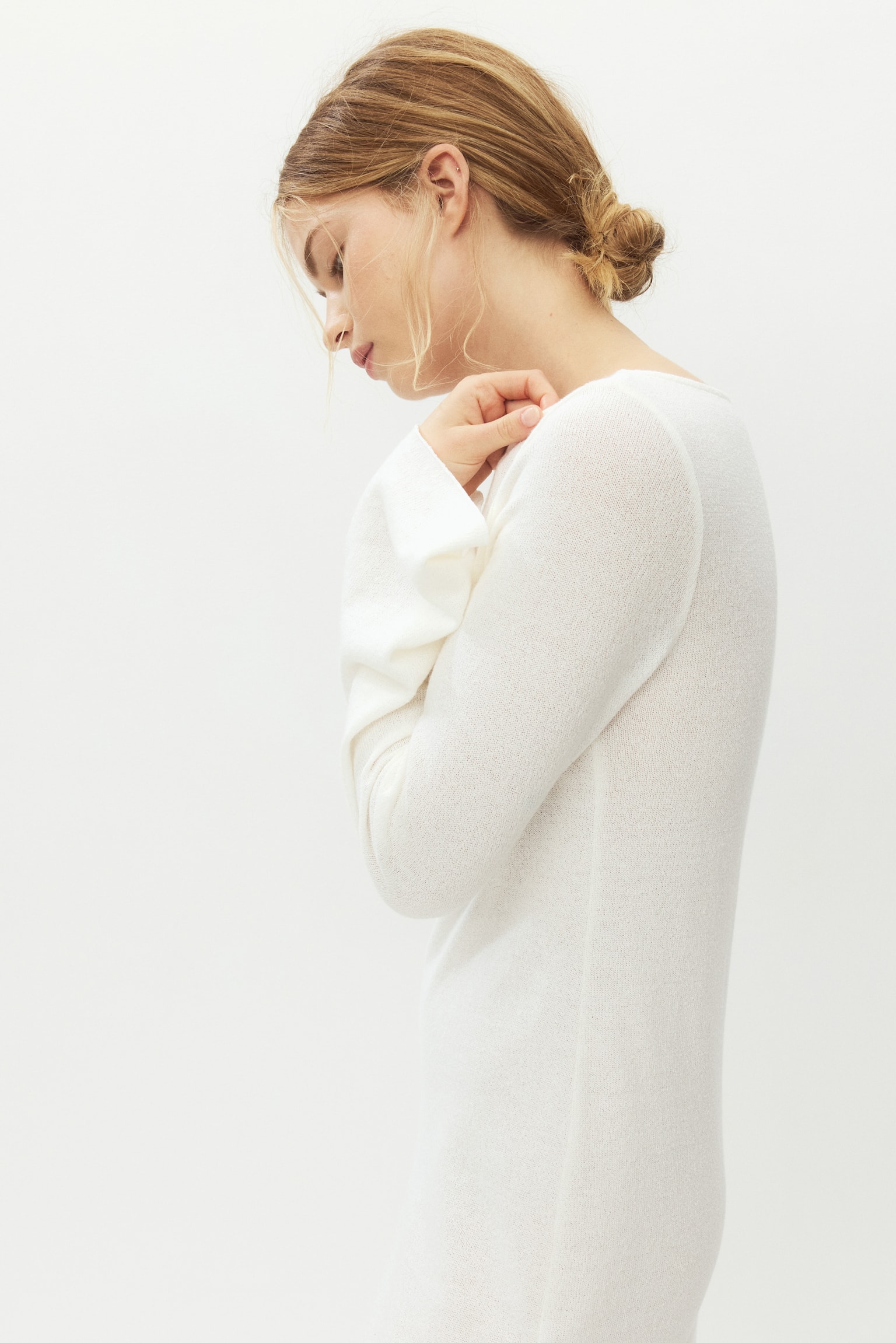 Fine-knit boat-neck dress-White - 7
