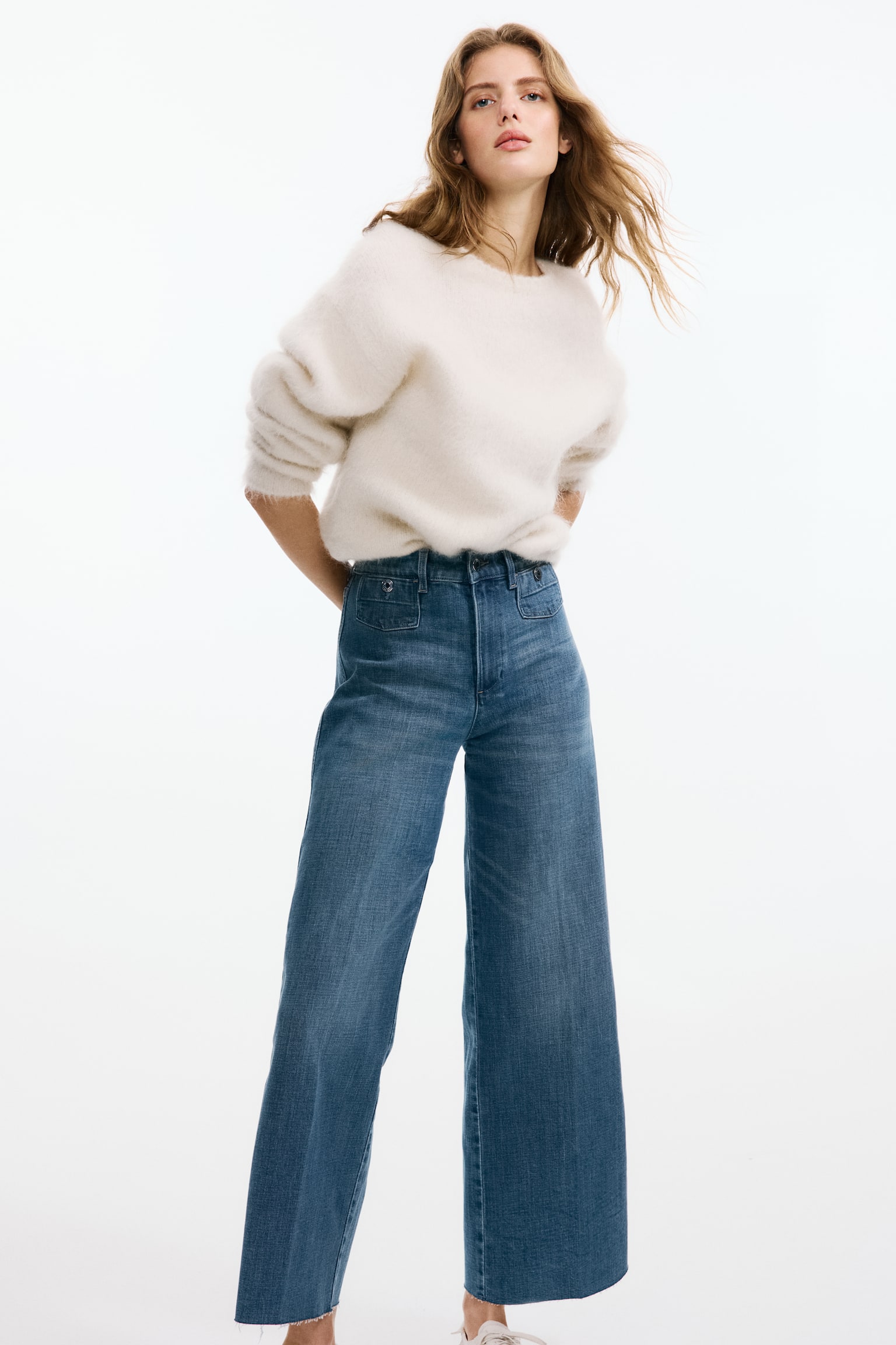 Wide High Waist Ankle Jeans - Denim blue/Navy denim blue/Dark denim blue/White/Bright red/Light denim blue - 5