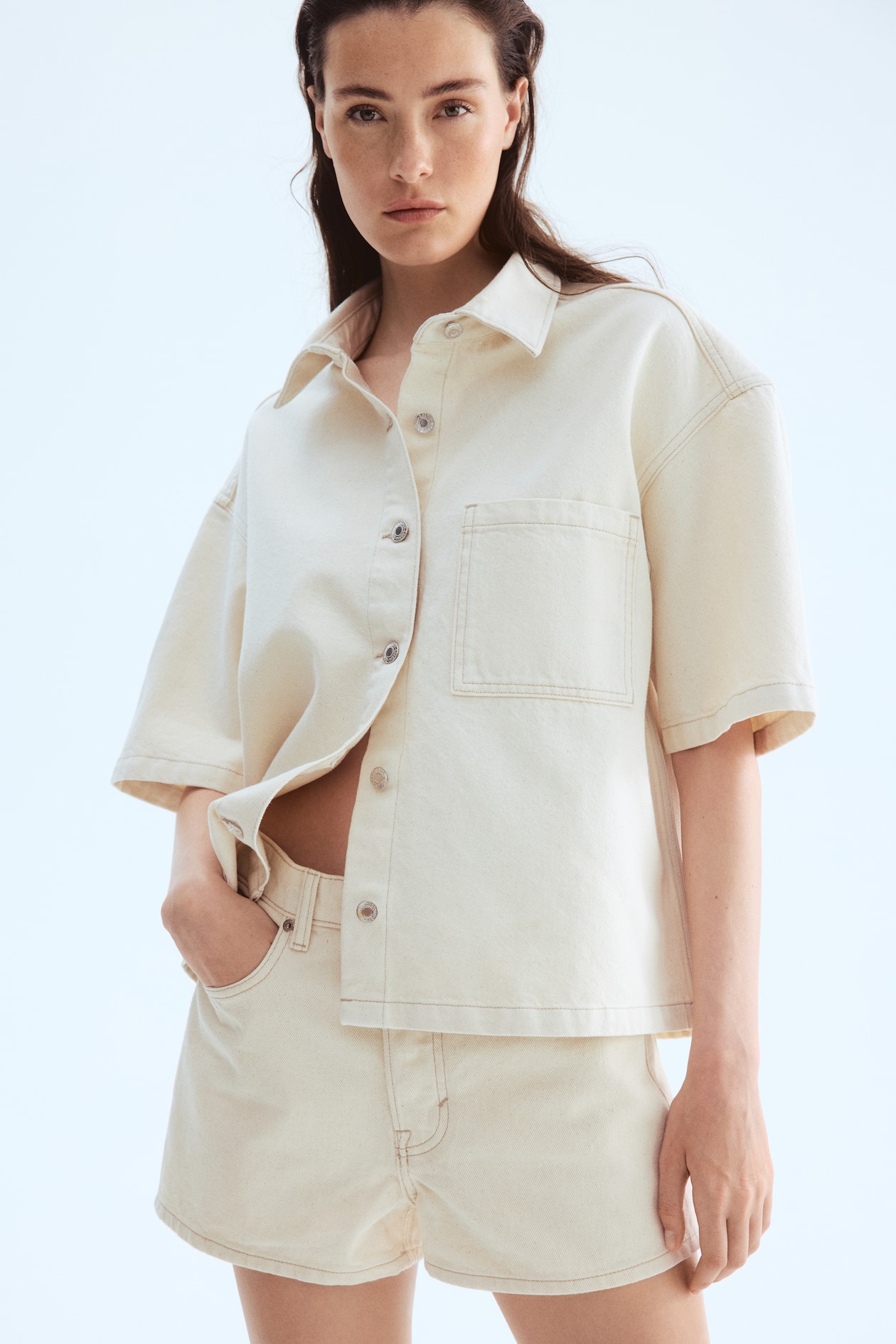 Oversized Denim Shirt Cream Ladies H&M US