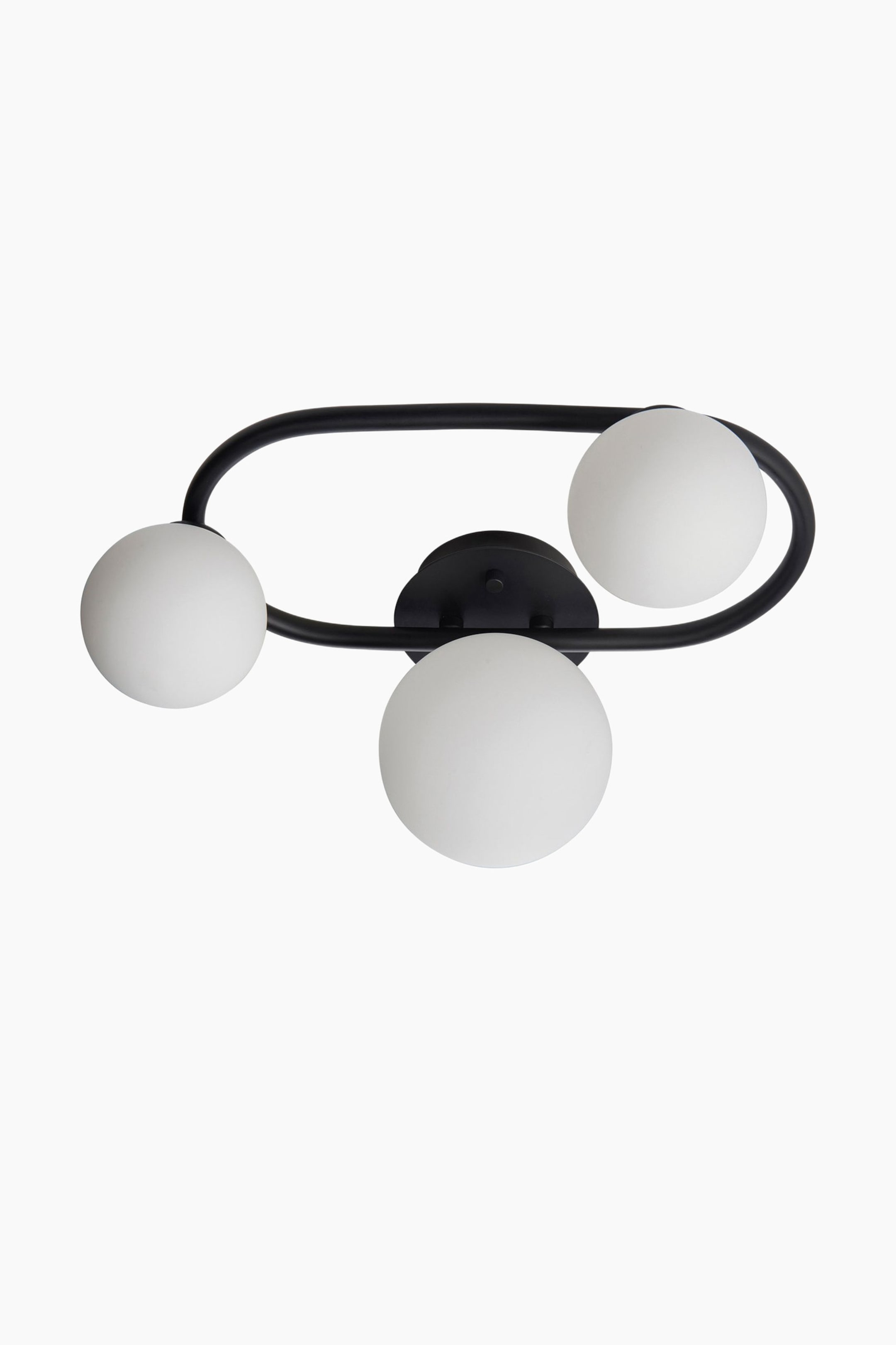 View larger image: A black ceiling light fitting features three spherical white glass diffusers, arranged on a curved, elongated black metal frame. The frame extends from a central circular mounting plate, with the fitting viewed from a slightly angled perspective.