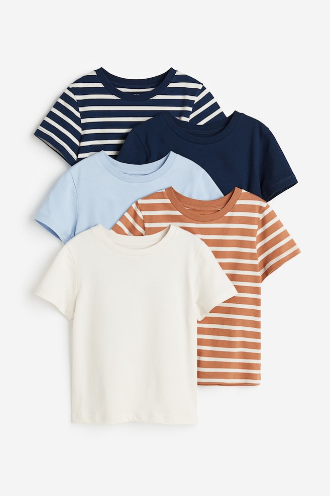 Lot de 5 T-shirts en coton - Bleu foncé/rayé/Gris clair/gris clair chiné - 1