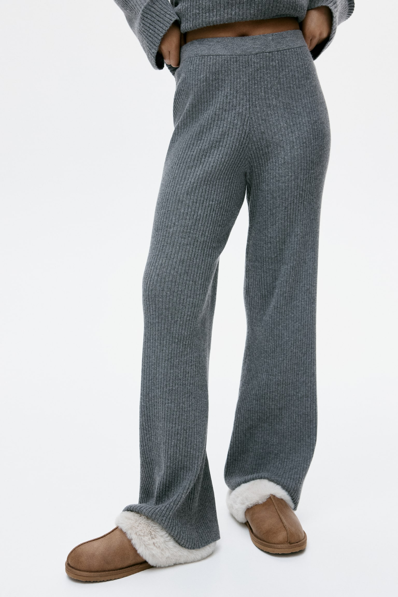 Wide rib-knit trousers - Grey marl/Dark brown - 7