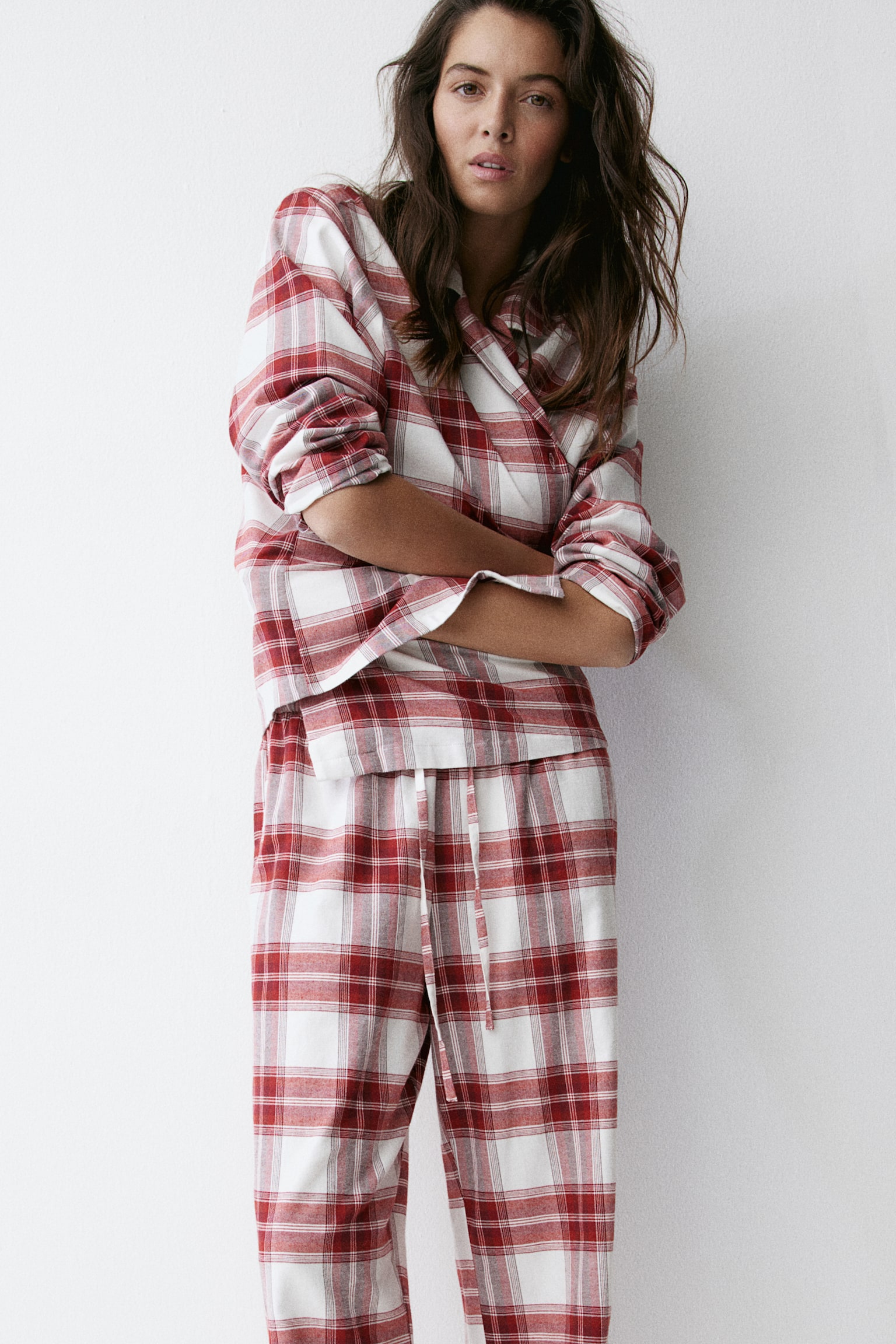 Flannel pyjamas - White/Red checked/Dark red/Checked/White/Checked/Light dusty pink/Striped/Light blue/Striped - 1