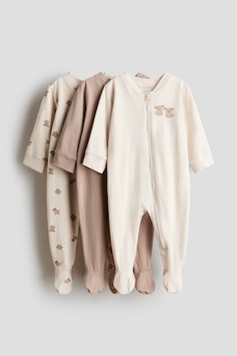 3-pack pyjamasoverall i bomull med dragkedja