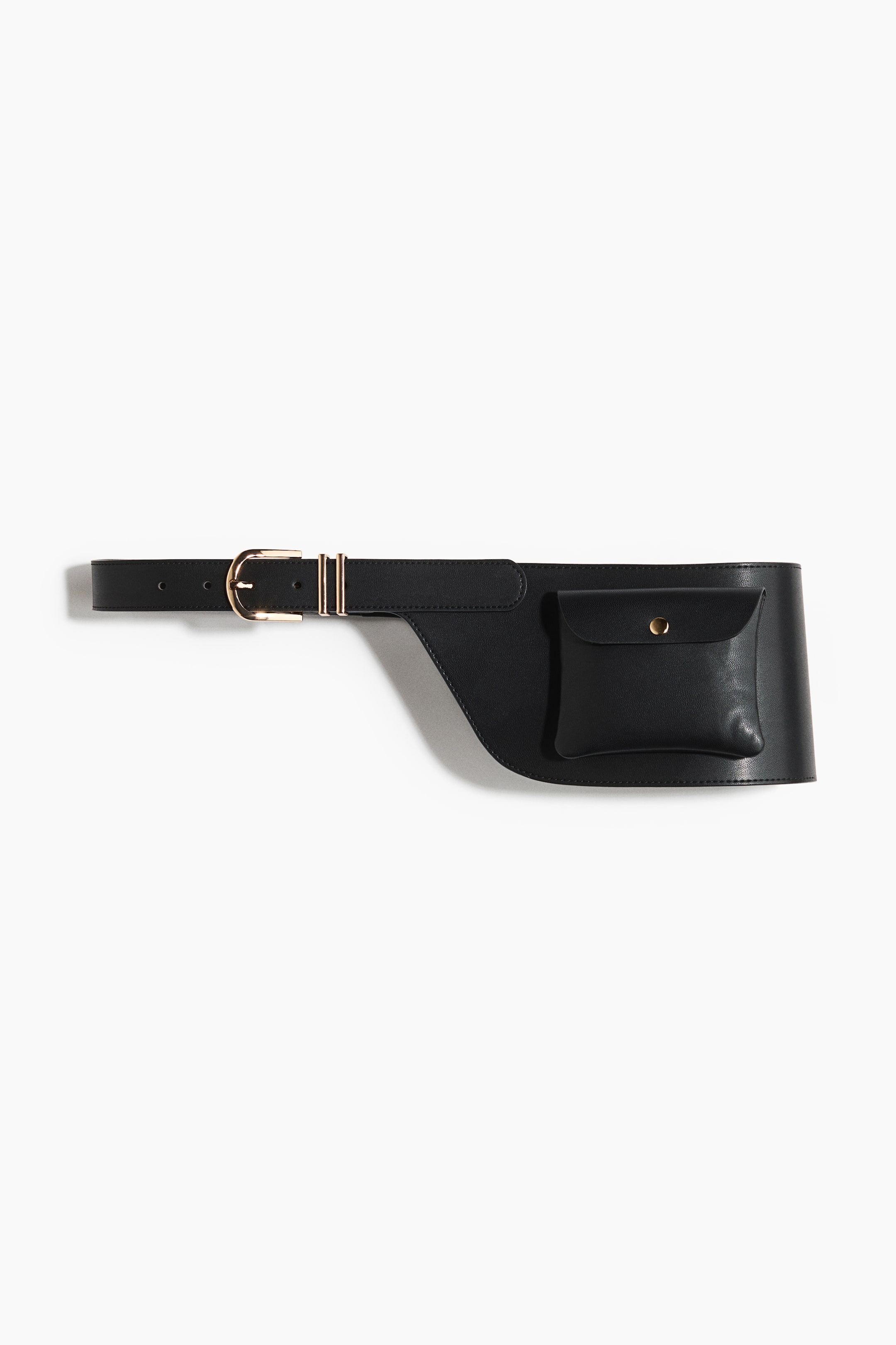 View larger image: A black faux leather waist belt is shown from the front, featuring a narrow strap with a gold-tone buckle and dual metal loops. The belt widens into a structured, asymmetrical panel that holds a small integrated pouch with a fold-over flap and a gold-tone snap-button closure.