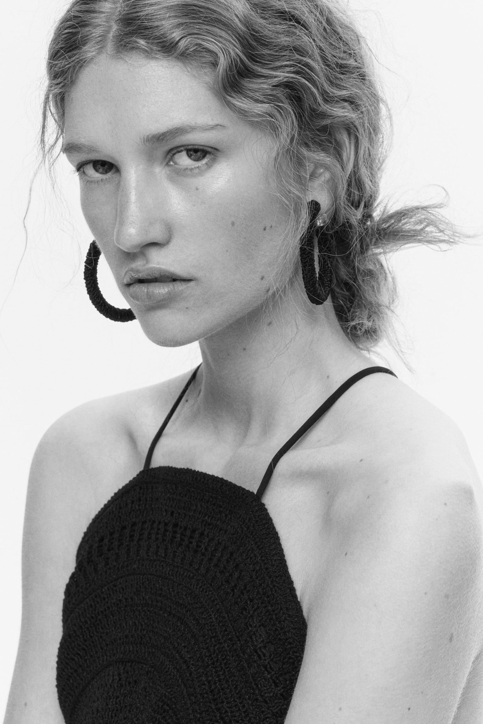 Fabric-Covered Hoop Earrings - Black/Cream - 1