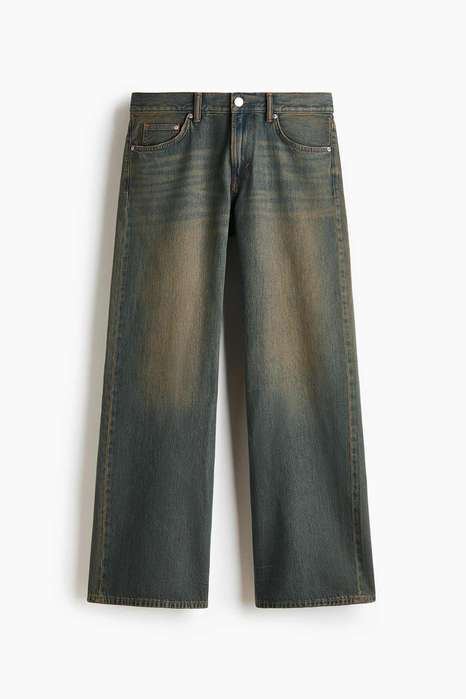 Five-pocket jeans in dark blue cotton denim with a vintage-style yellowish wash are shown from the front. The jeans feature a regular waist with belt loops, a zip fly with a silver button closure, and a relaxed fit with wide, straight-cut legs.