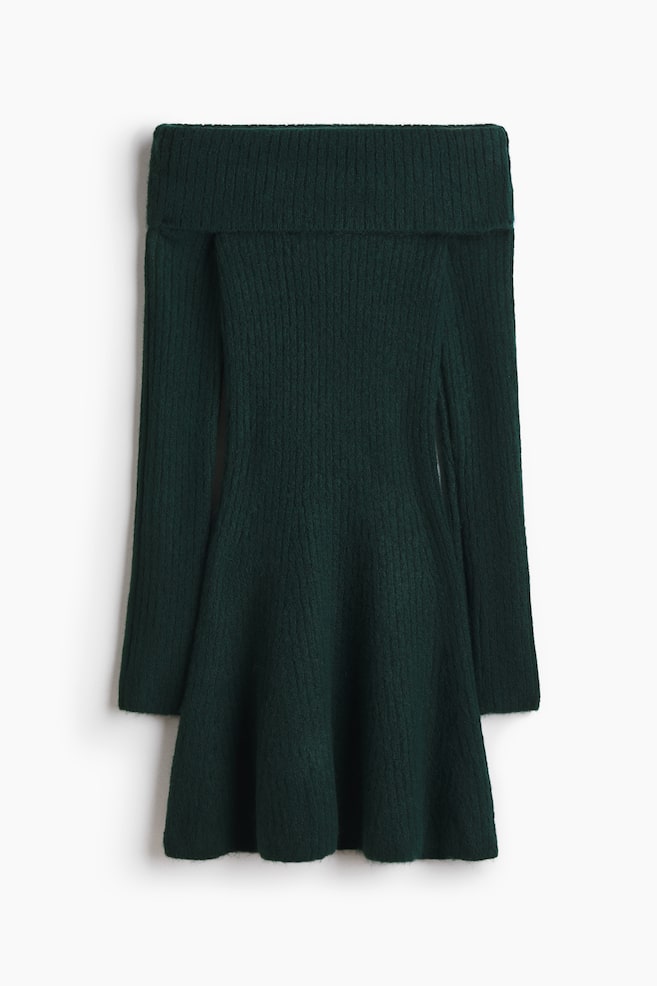 Rib-knit off-the-shoulder dress - Dark green/Light blue marl/Light beige/Dark brown - 1