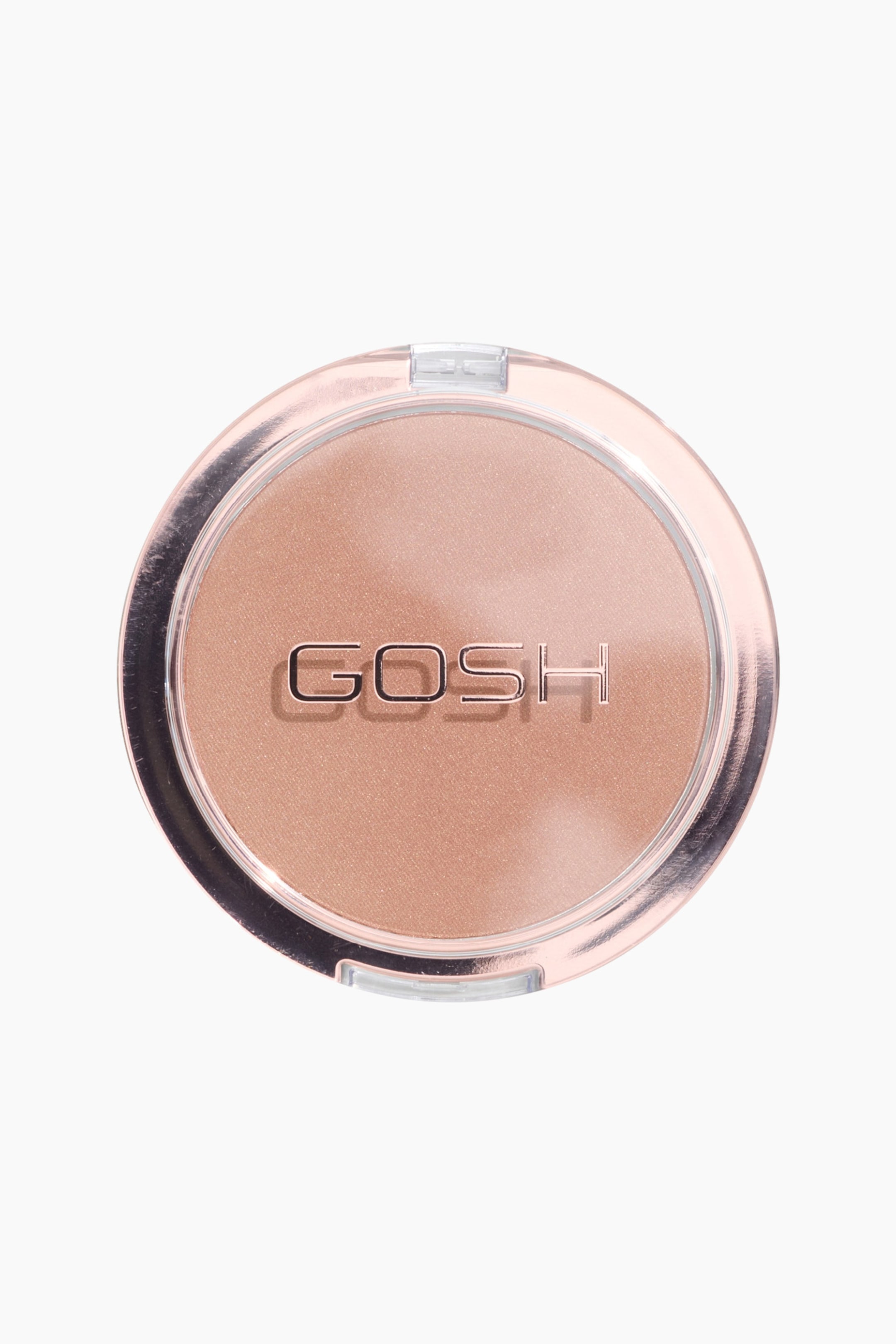 Visa större bild: Extra Toasty Bronzer presenteras som ett varmt, skimrande pressat puder i en rund kompakt dosa med transparent lock och en metallisk roséguldkant. Den framåtvända dosan visar varumärket "GOSH" i metalliska roséguldskimrande bokstäver över mitten.