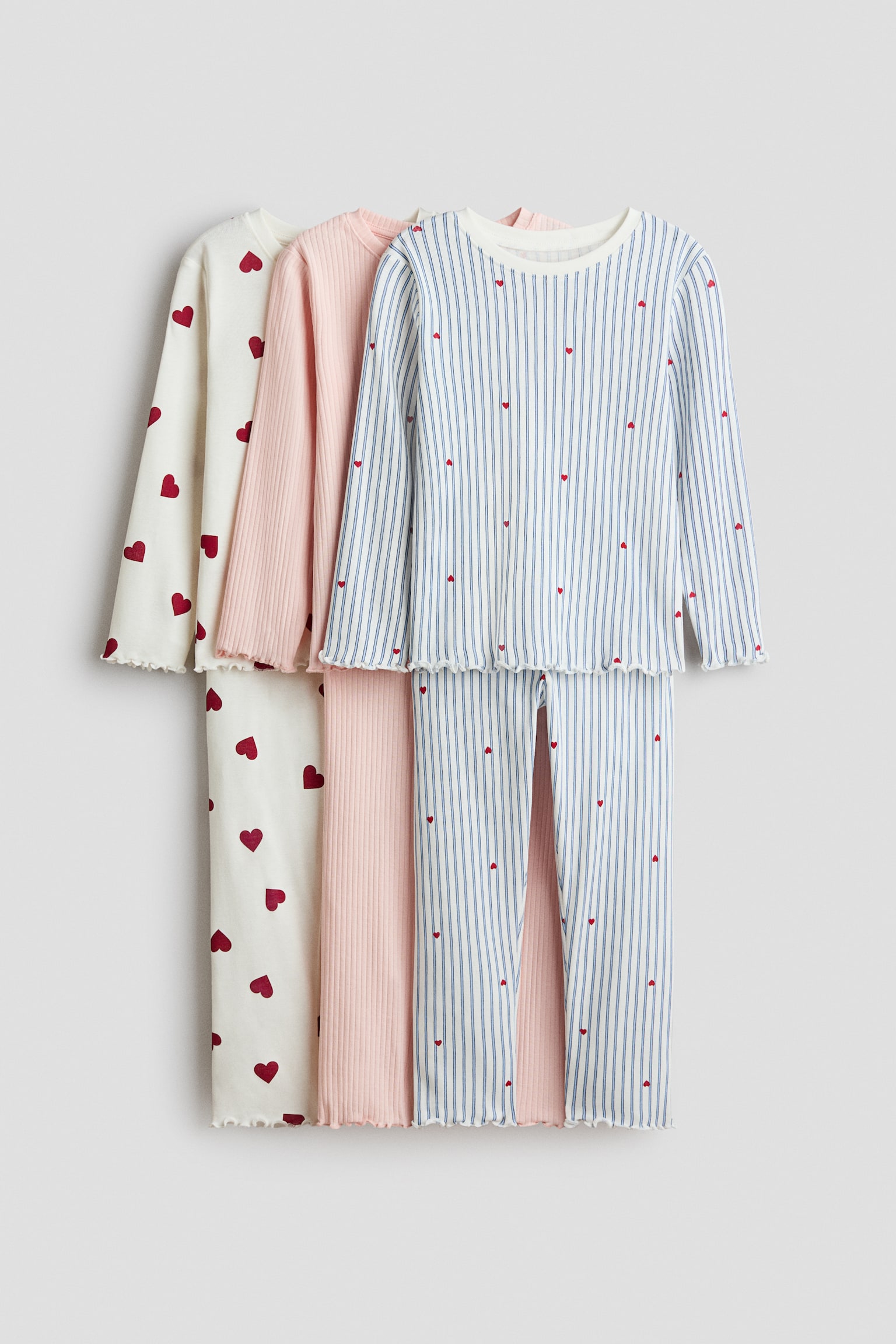 Lot de 3 pyjamas en coton - Rose ancien clair/cœurs