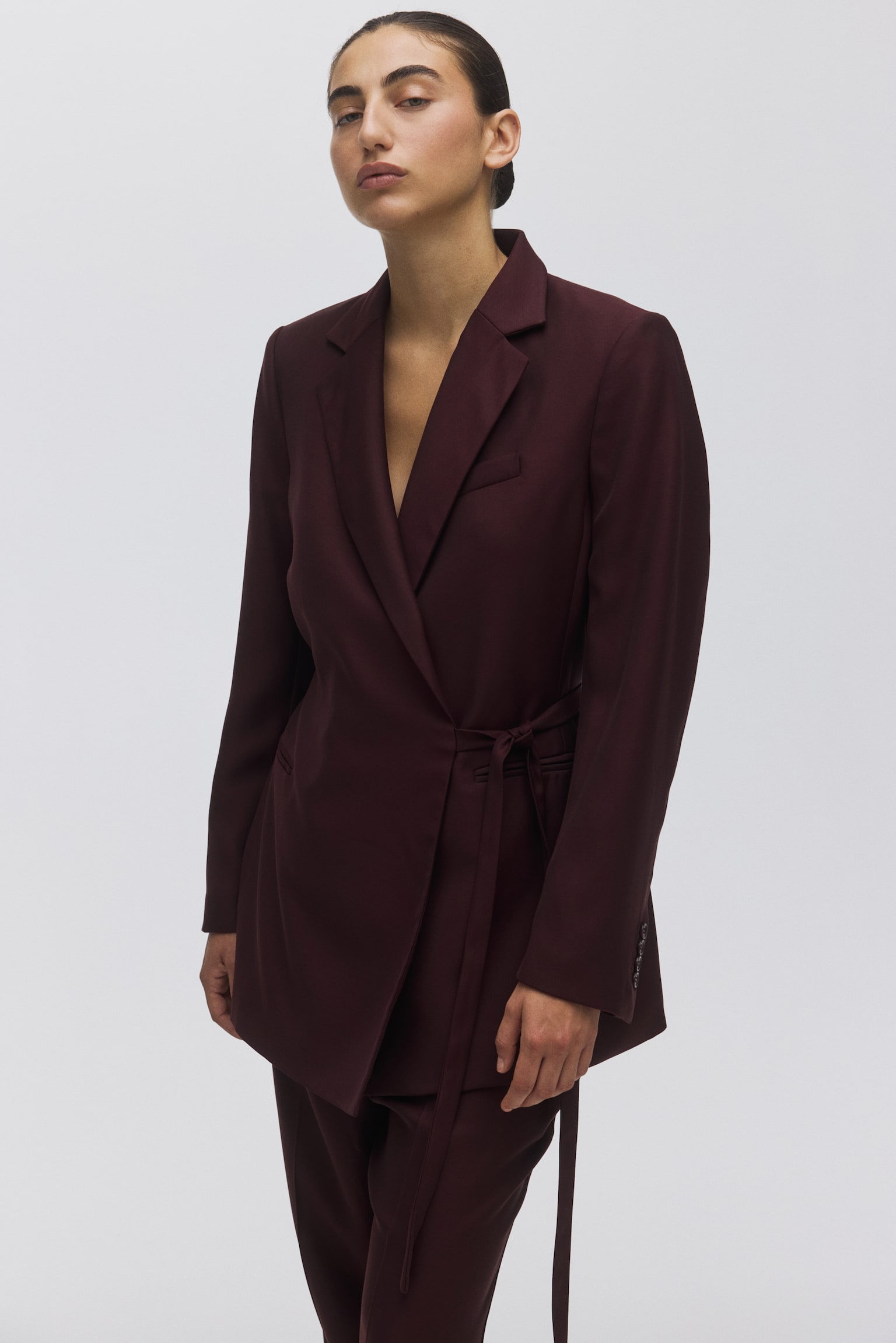 Tie-detail wrap blazer - Burgundy/Black - 3