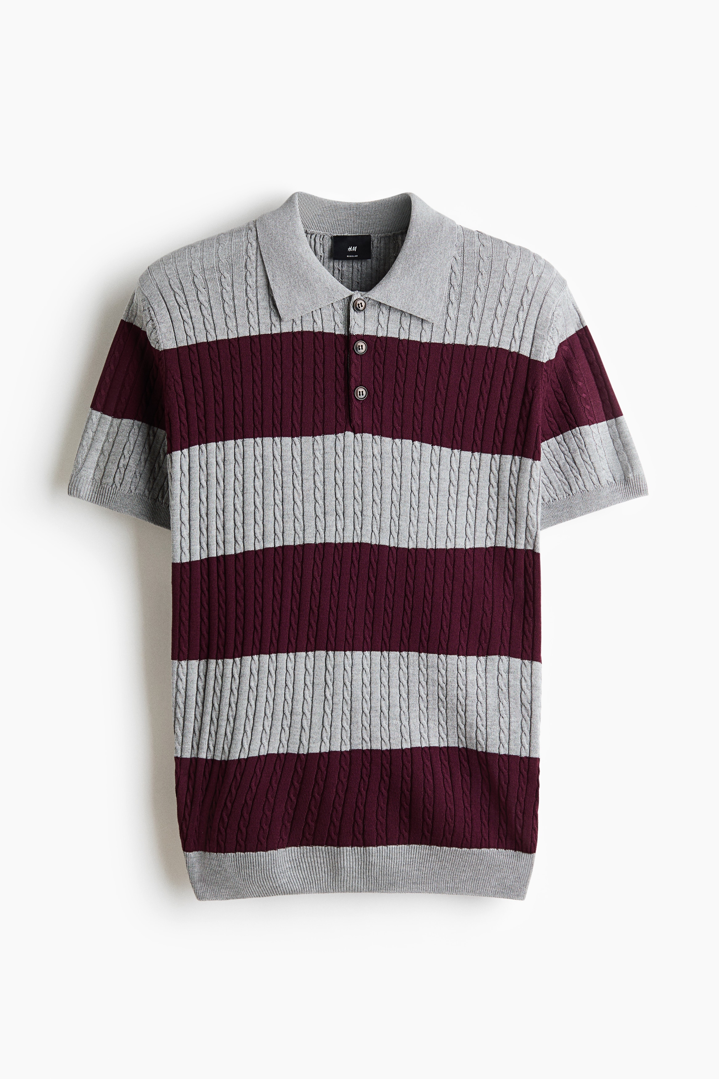 Kabelgebreid poloshirt - Regular Fit - Grijs gemêleerd/gestreept/Lichtblauw/gestreept