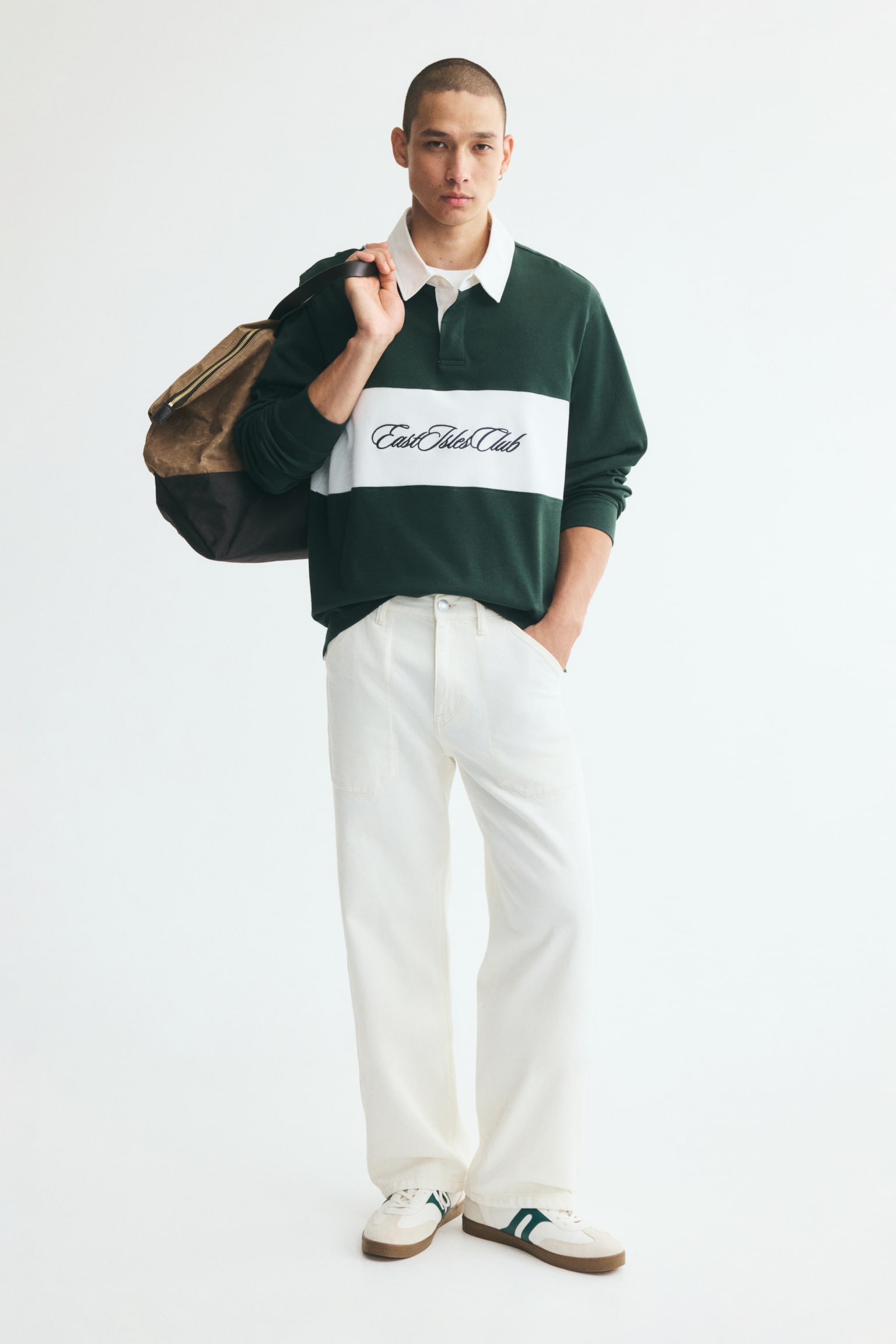 Мужская рубашка H&M Regular-Fit Cotton Rugby Shirt, цвет: Тёмный зелёный — фото 4