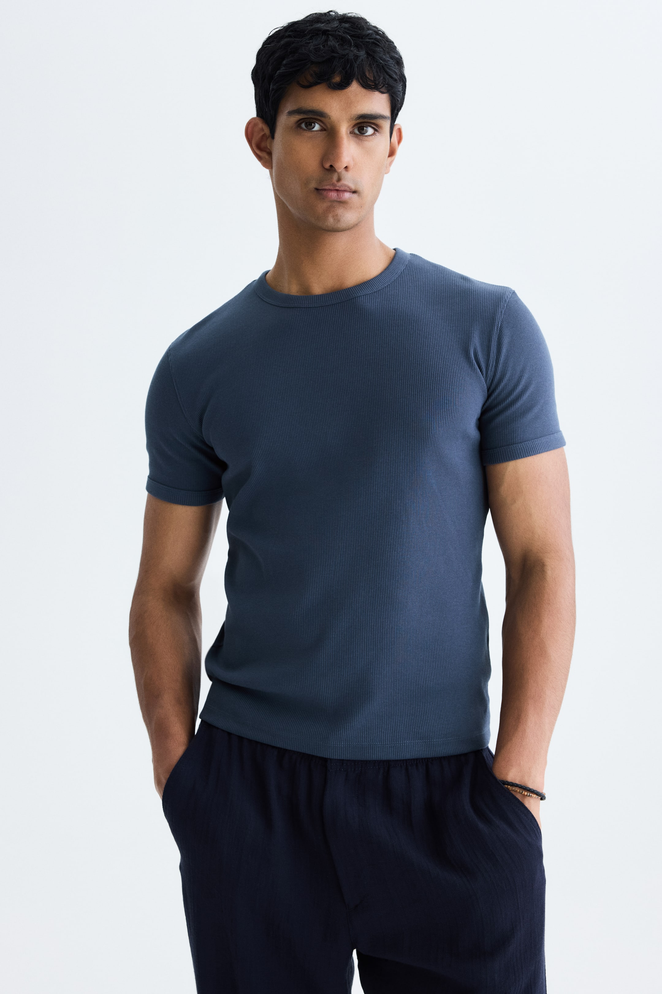View larger image: Slim Fit Ribbed T-shirt - Navy blue - Men | H&M IN 1