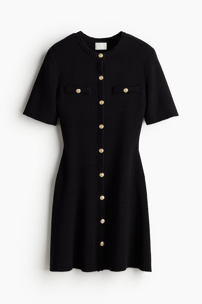 Rib-knit Button-front Dress - Black - 1