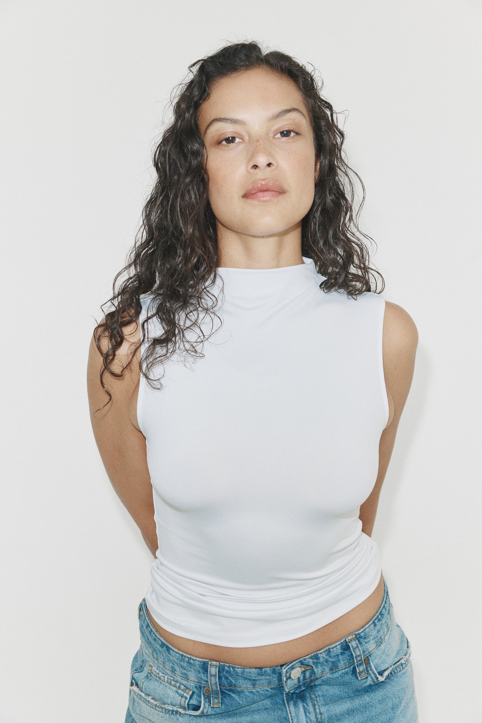 Microfibre turtleneck top - White/Dark grey - 1