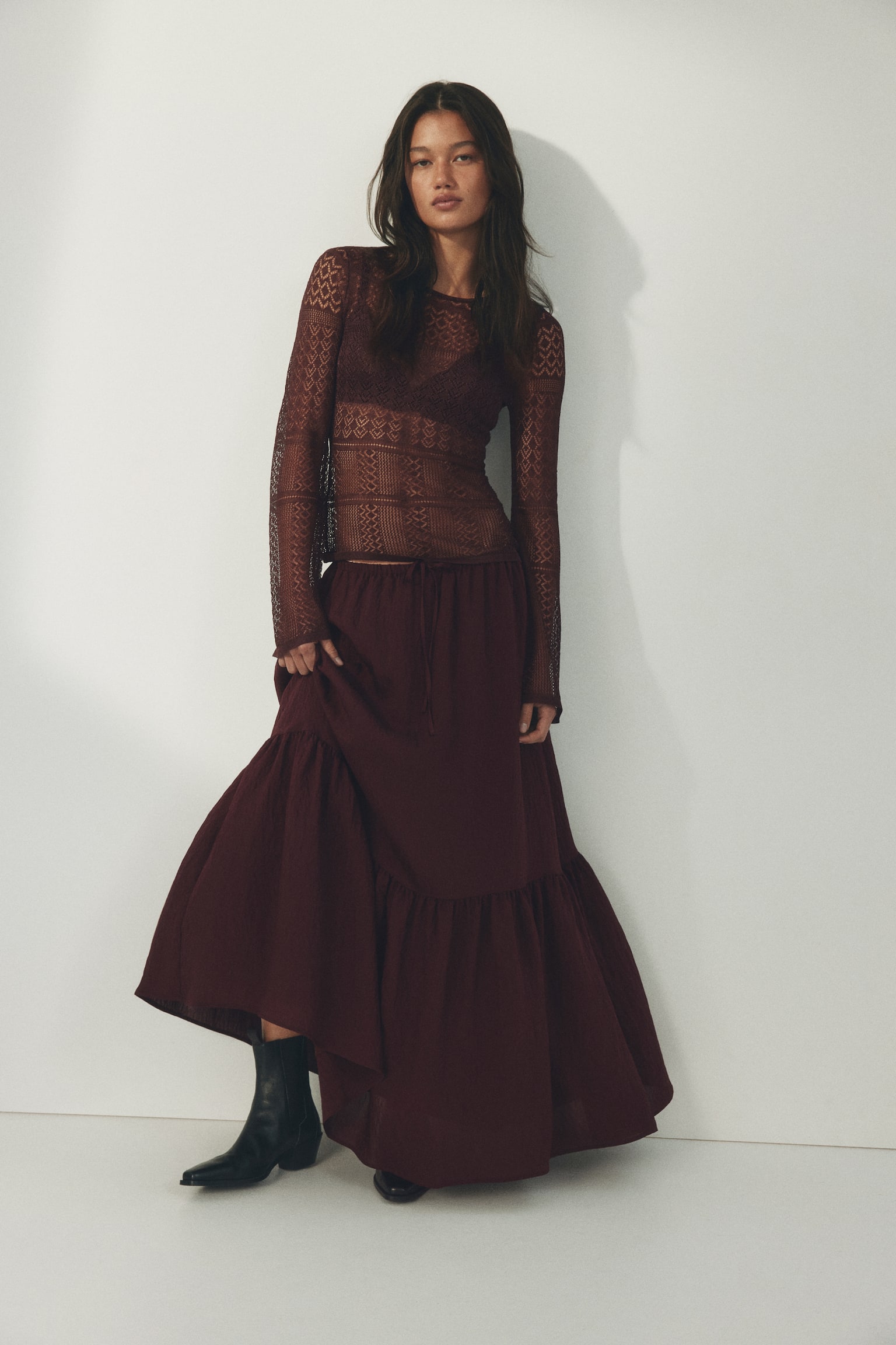 Crêpe A-line skirt - Burgundy - 3
