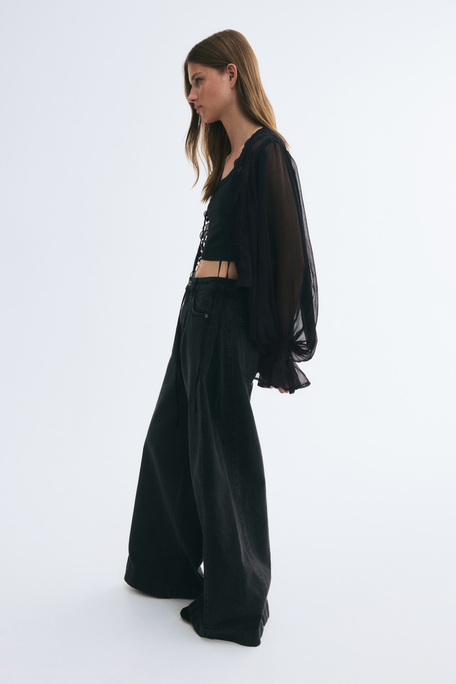 Женская блузка H&M Lace-Trimmed Balloon-Sleeved Blouse, цвет: Чёрный — фото 3