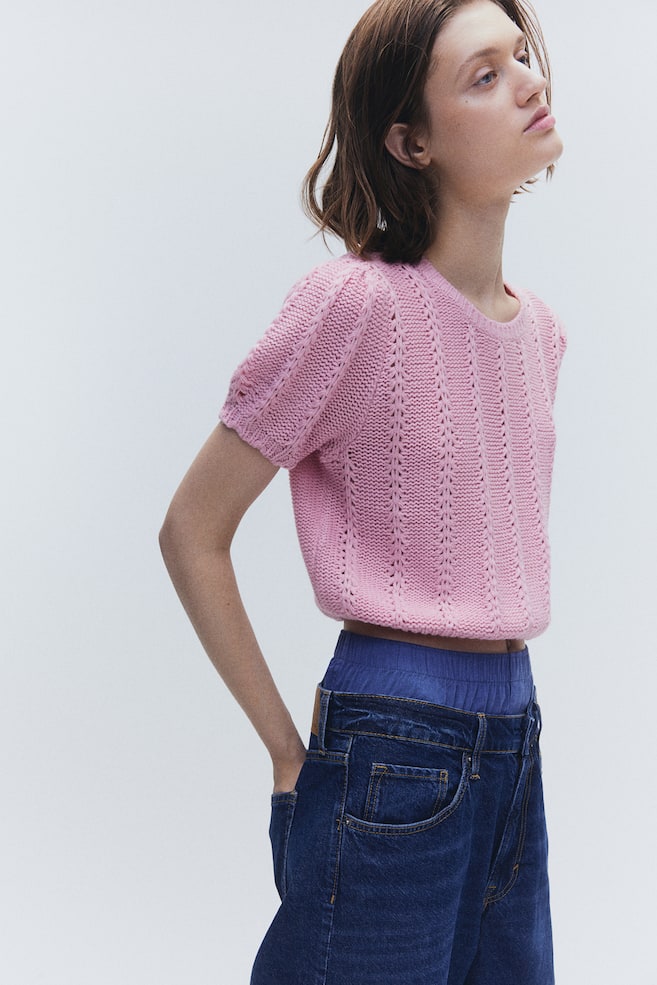 Textured-knit puff-sleeved top - Light pink/Cream/Black - 1