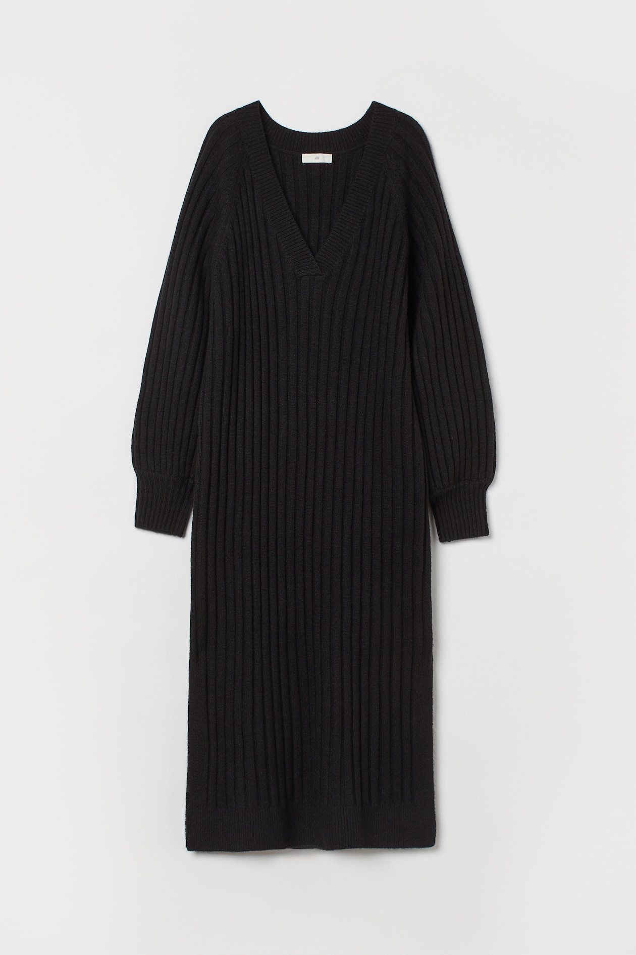 Rib-knit Dress - V-neck - Long sleeve - Black - Ladies | H&M US