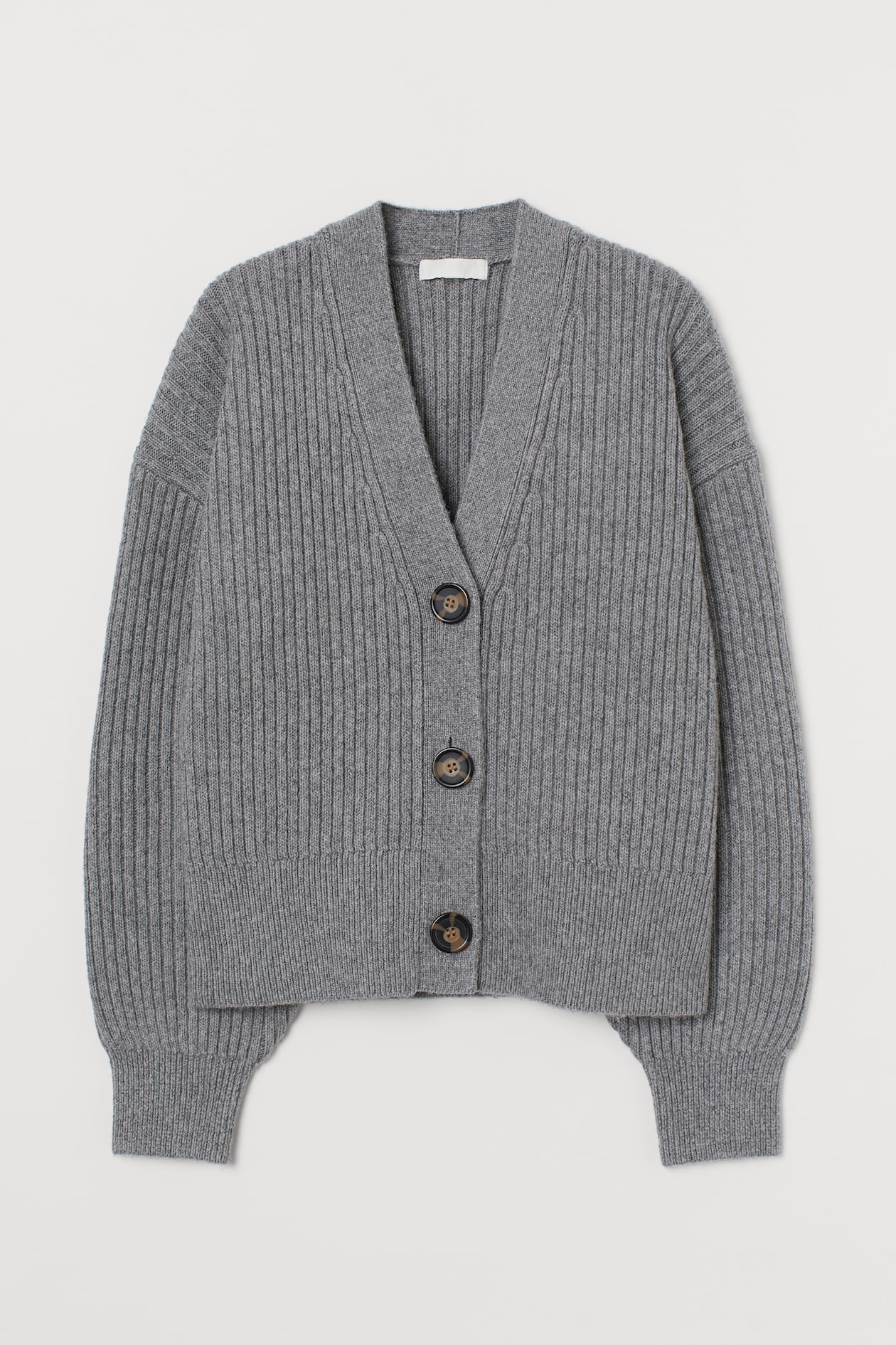 Rib-knit Cardigan - V-neck - Long sleeve - Light gray melange - Ladies ...