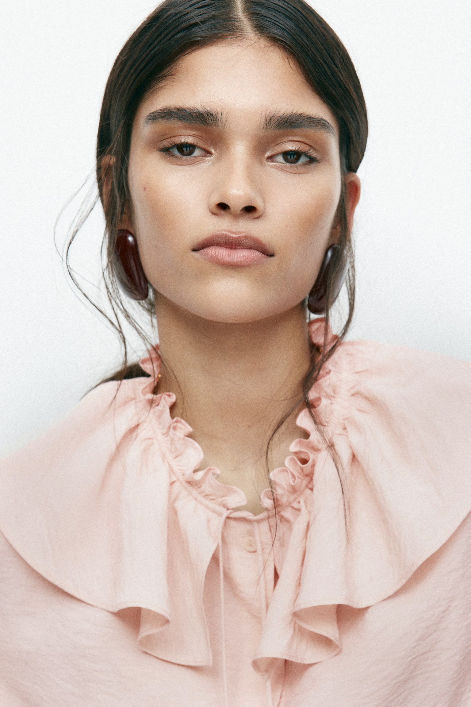 Frill-trimmed blouse - Powder pink/Light beige/Spotted - 1