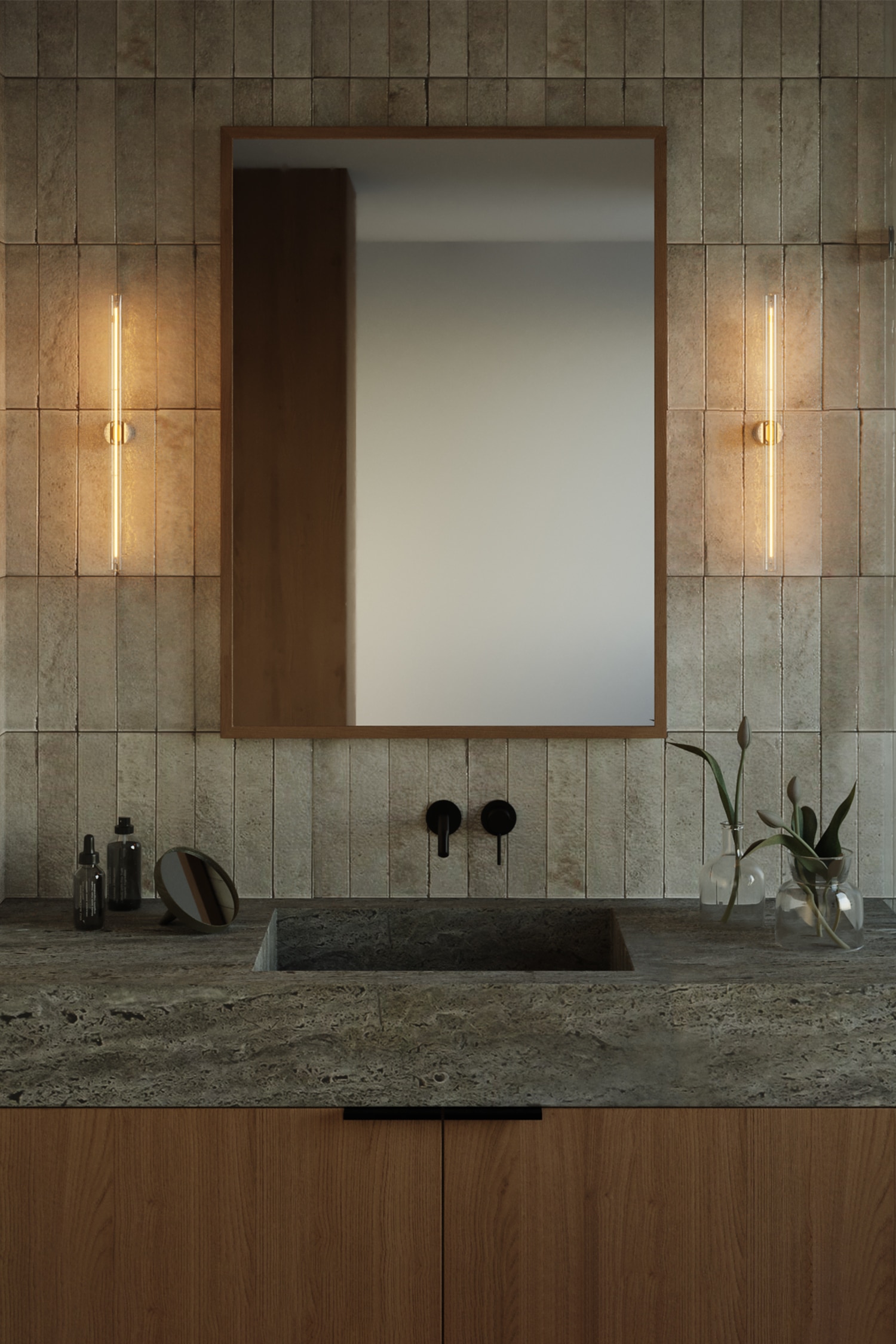 Wall Sconce With Linear Light Bulb - White Marble Effect/Green Marble Effect/White/Dark Wood Effect/Black/Brown Marble Effect/Natural Wood Effect