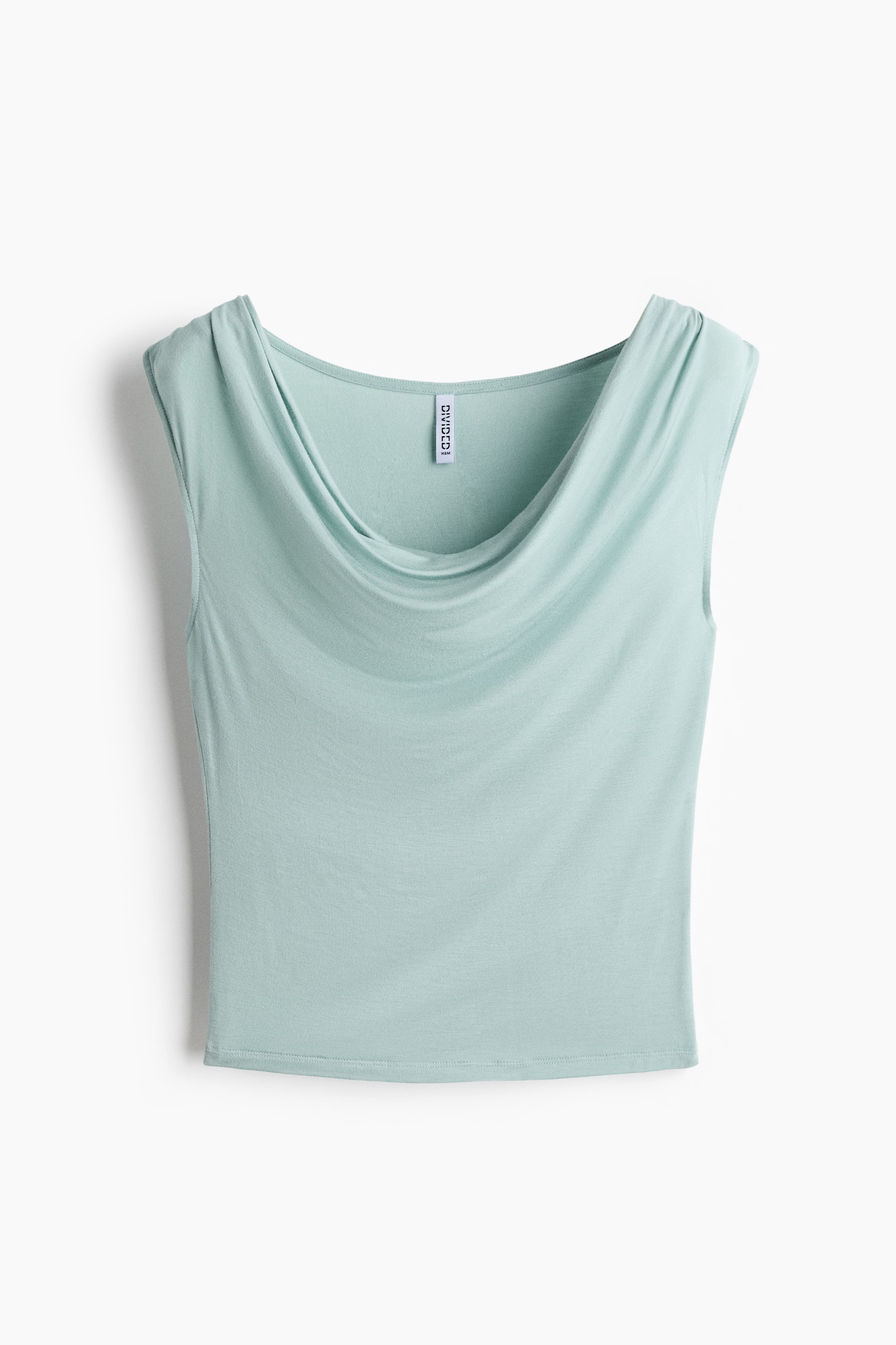 View larger image: The front of a light green sleeveless top in stretch viscose jersey showcases a fitted silhouette. It features a draped cowl neckline.