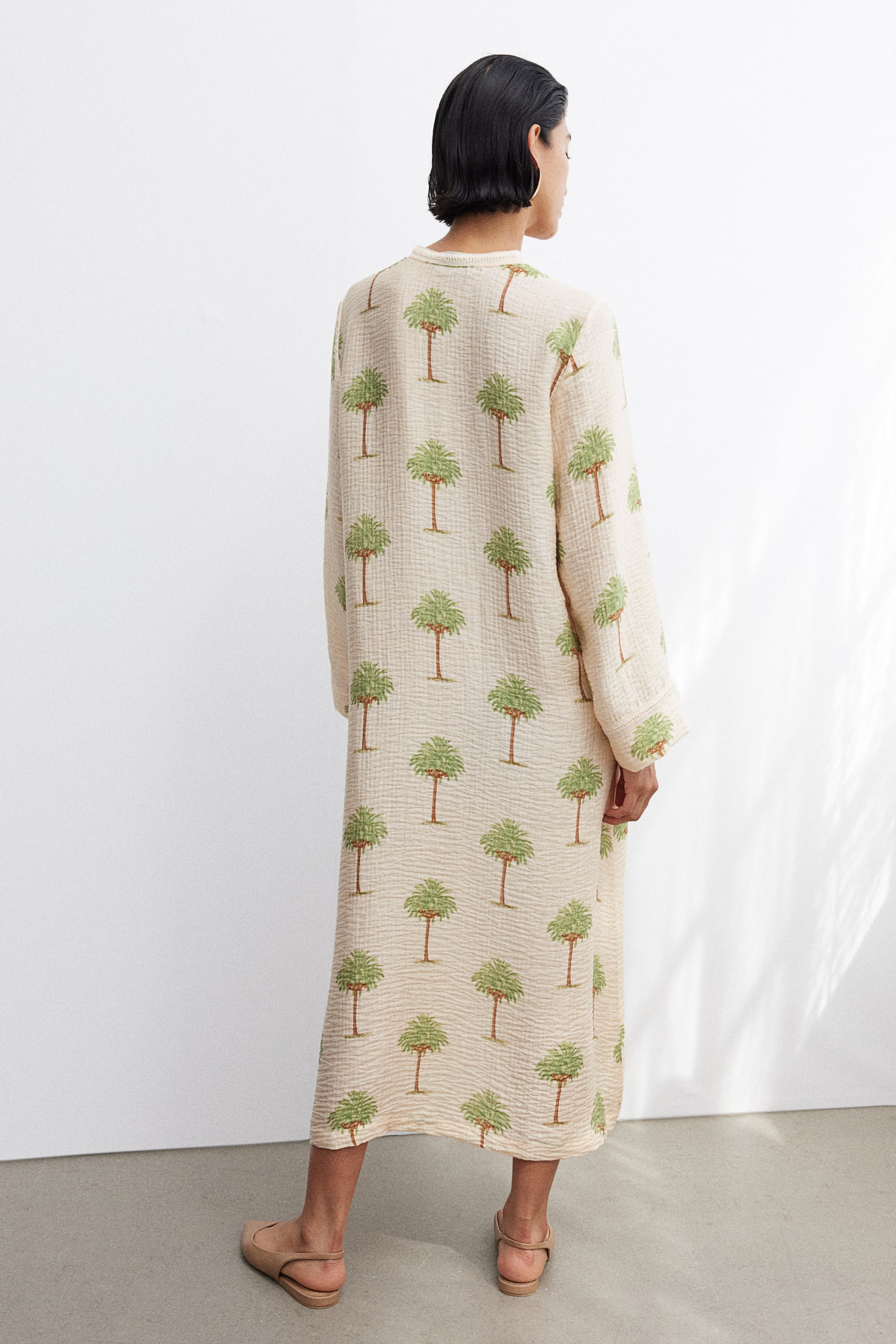 Tie Detail Dress - Cream/Palm trees - 3