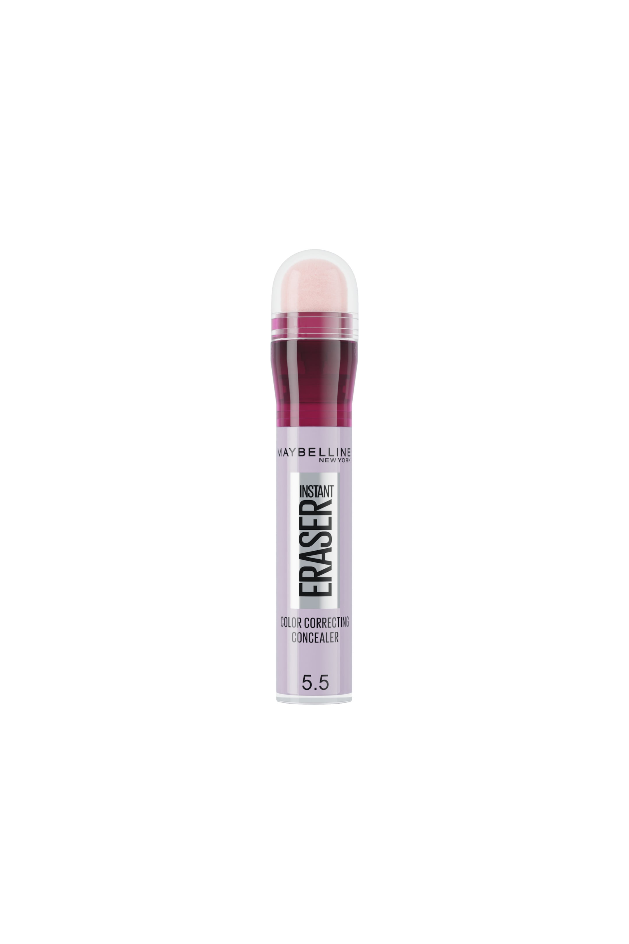 Visa större bild: En Maybelline Instant Eraser Color Correcting Concealer i nyansen 5.5 står upprätt, vänd framåt för att visa sitt ljuslila hölje med svart varumärkestext. Höljet har en transparent magentafärgad krage och en rundad applikator med rosa svampudd, innesluten under ett klart kupolformat lock.