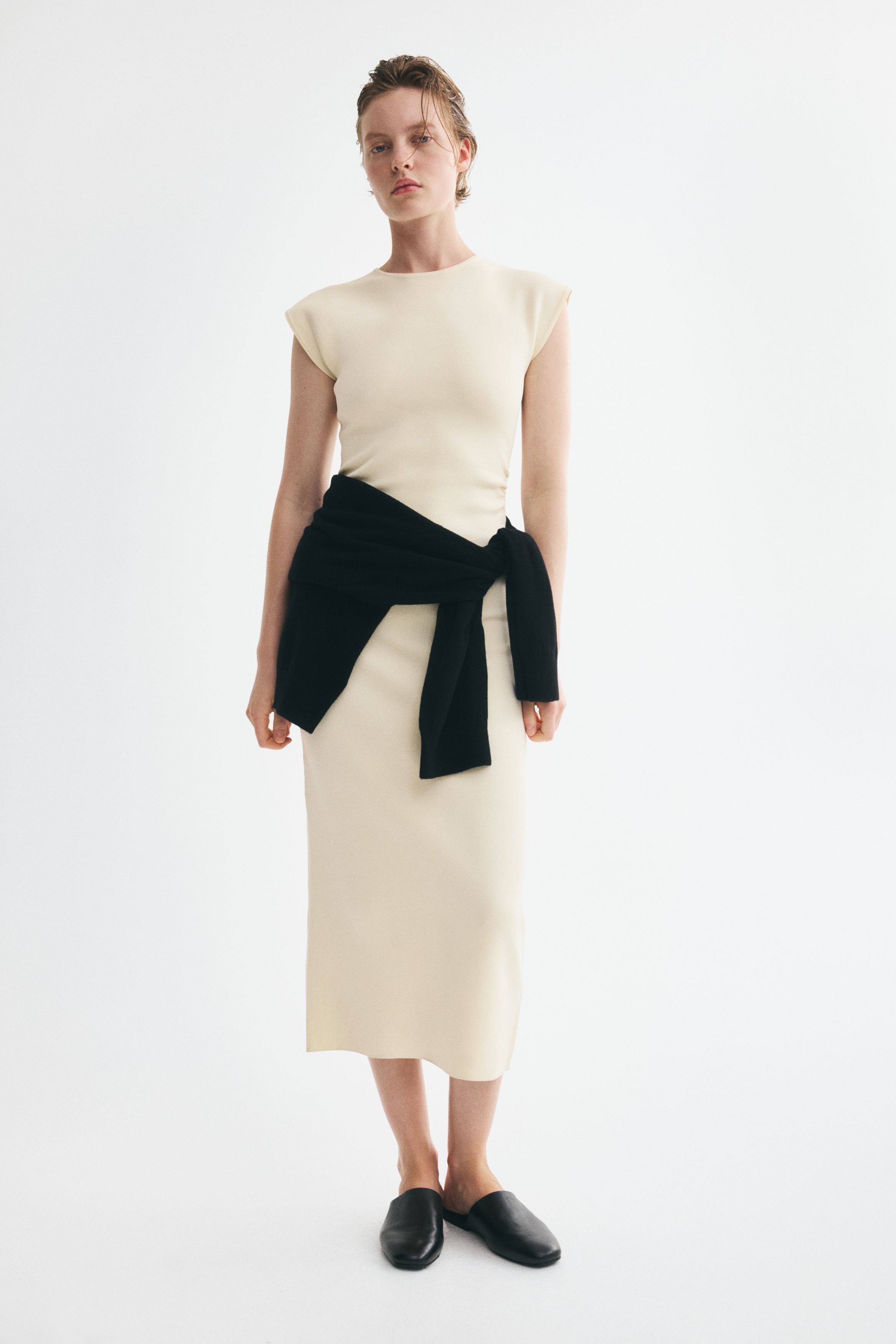 Draped midi dress - Beige clair/Noir
