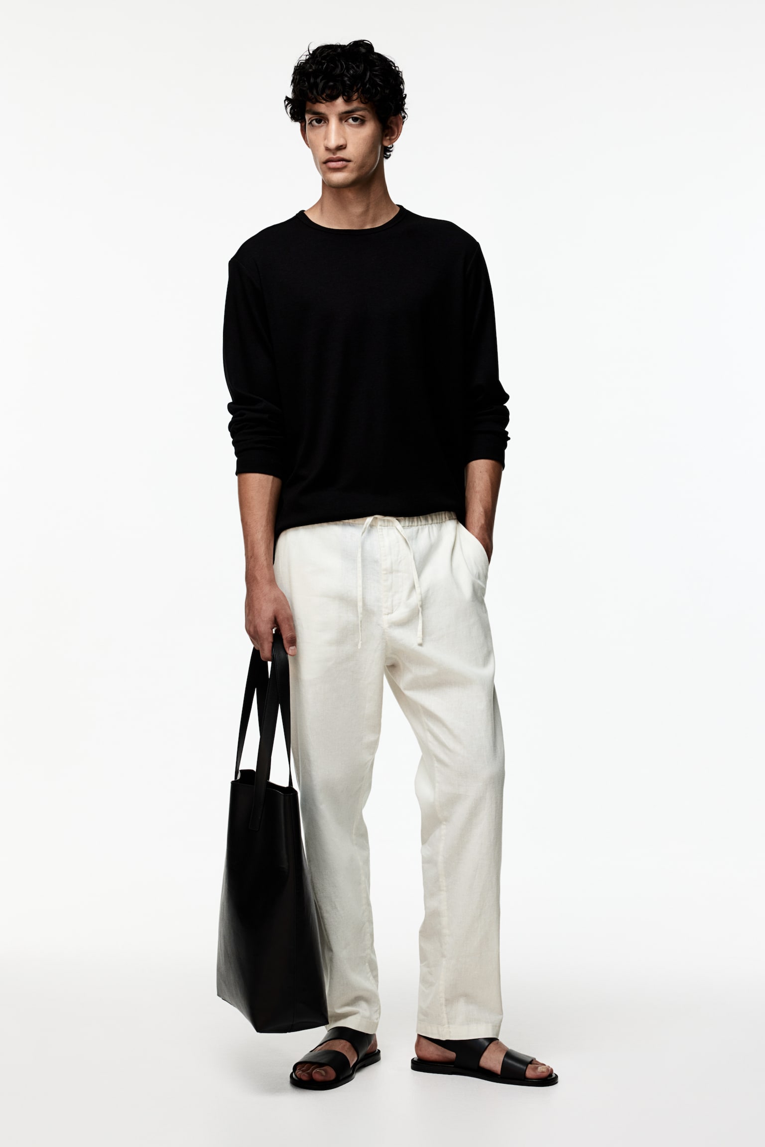 Regular Fit Linen-blend trousers - White/Grey/White marl/Black - 1