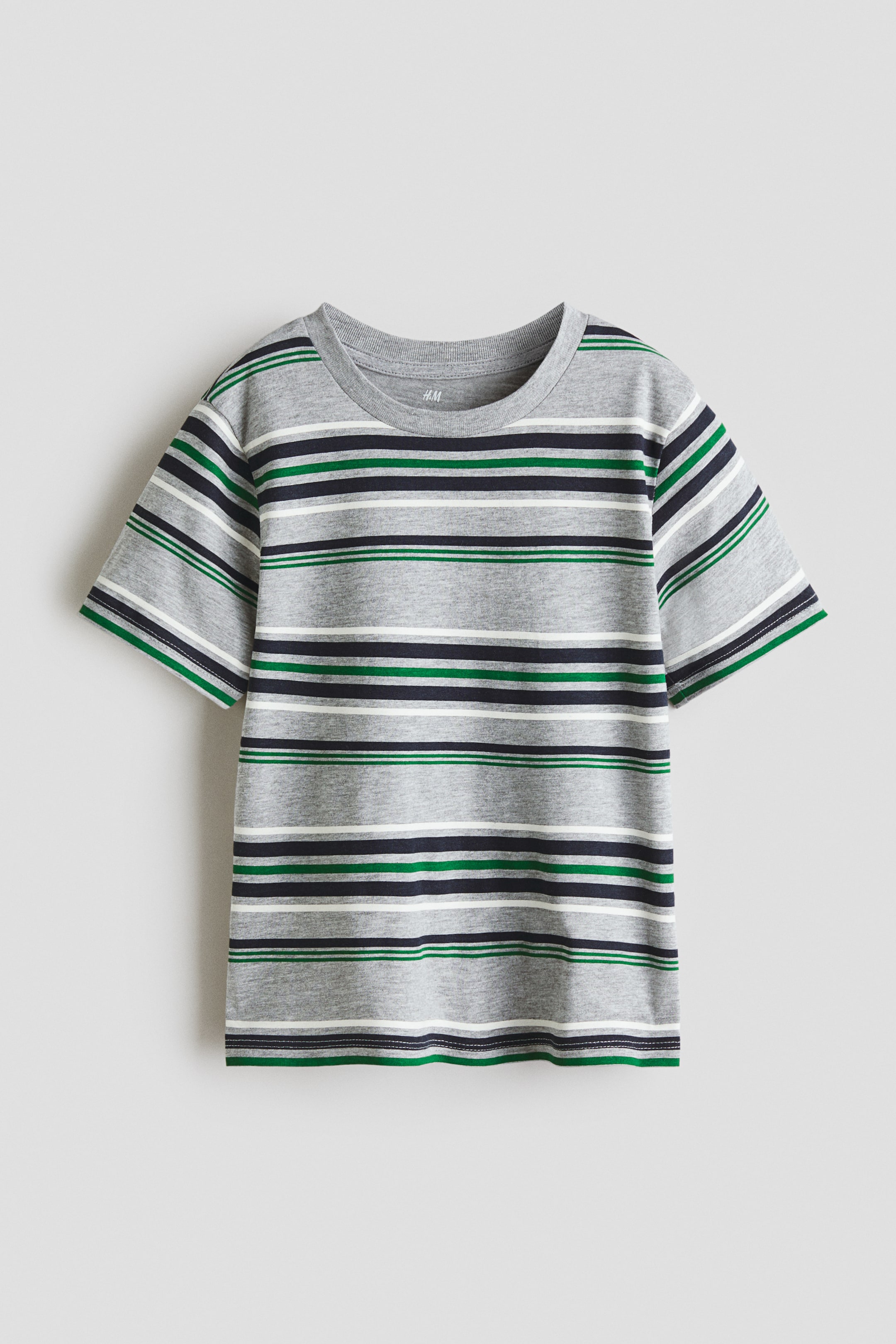 View larger image: A grey t-shirt is laid flat, facing forward, showcasing horizontal stripes in dark blue, green, and white. It features a ribbed round neck and short sleeves.