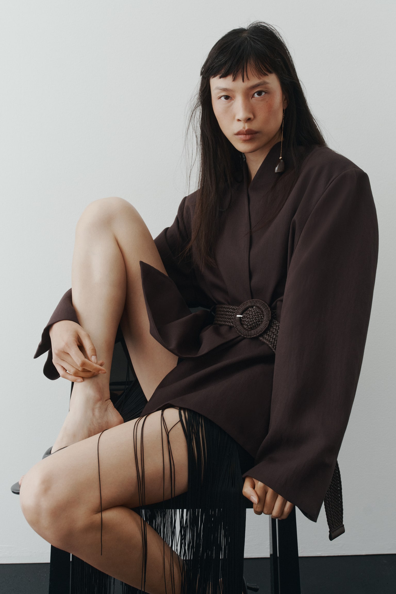 Belted lapelless blazer - Dark brown/Cream - 1
